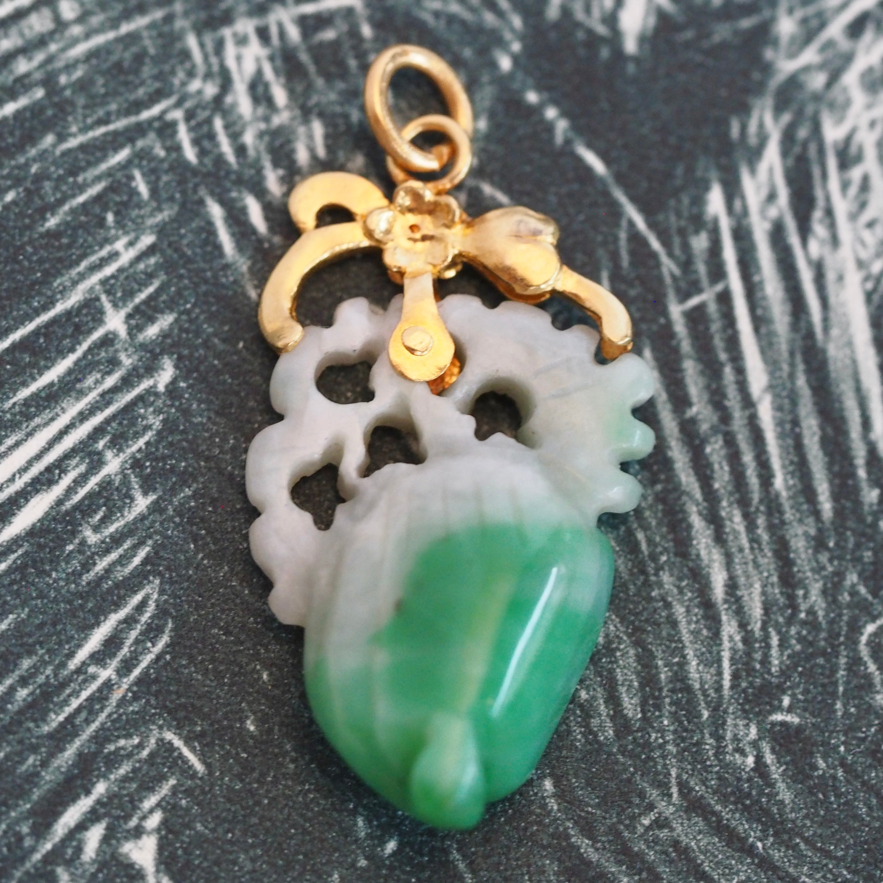 Antique 22k Gold Carved Jadeite Fruit Pendant