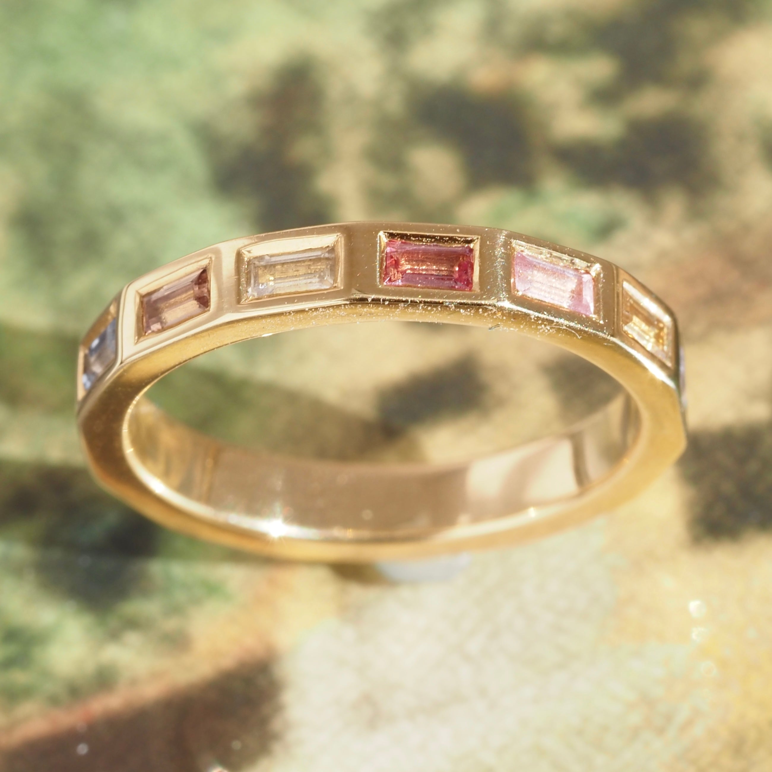 18k Gold Sunset Colored Sapphire Eternity Band