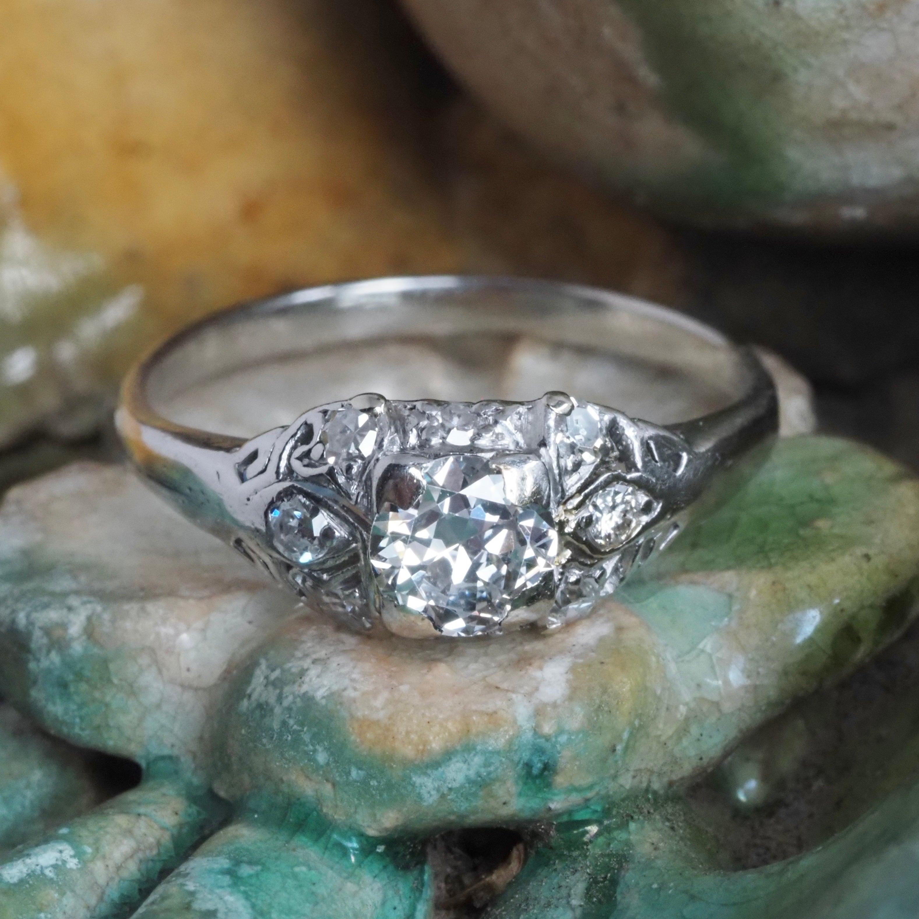 Antique Early Art Deco Platinum Old Mine Cut Diamond Ring