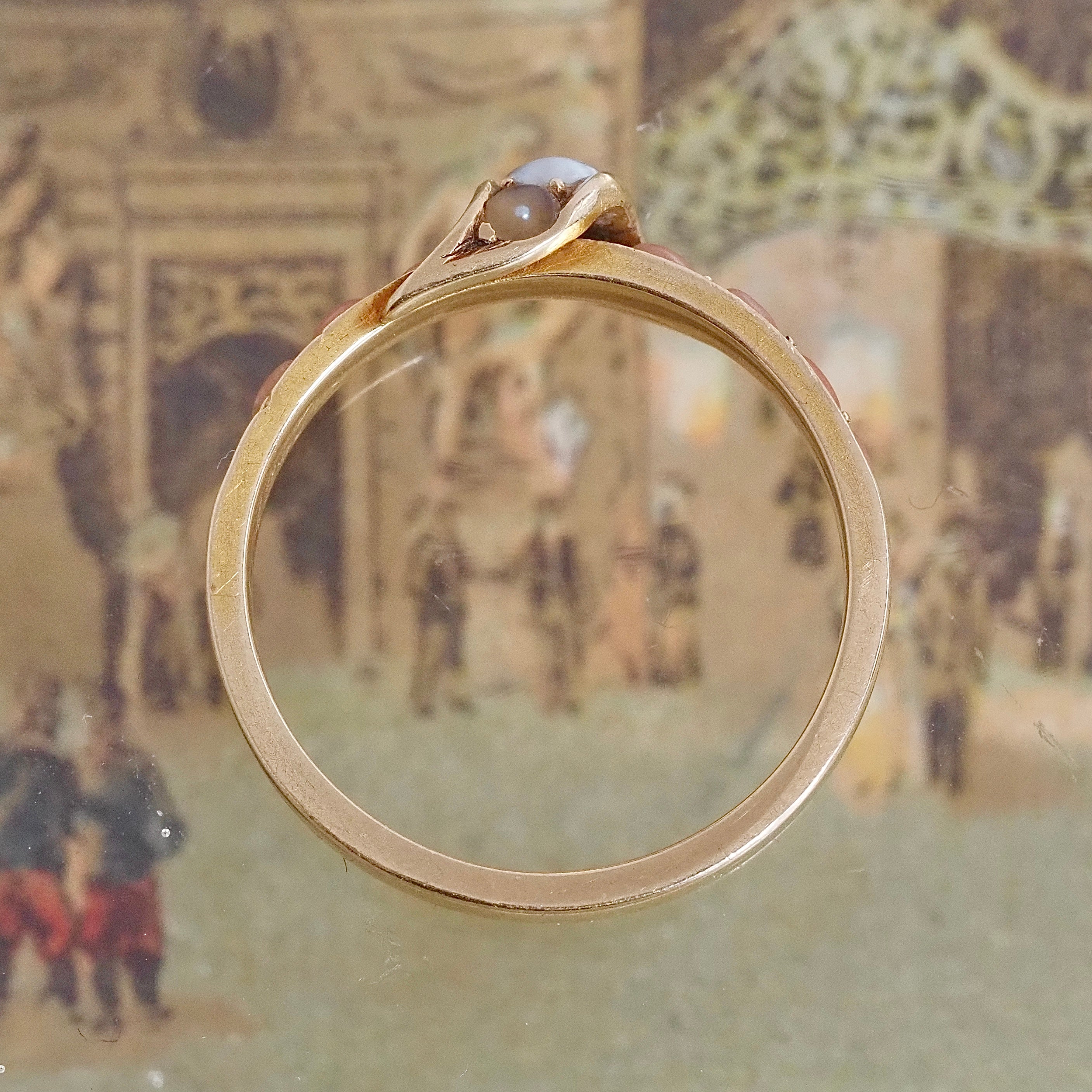Antique Victorian c. 1867 Seed Pearl Coral 18k Gold Ring