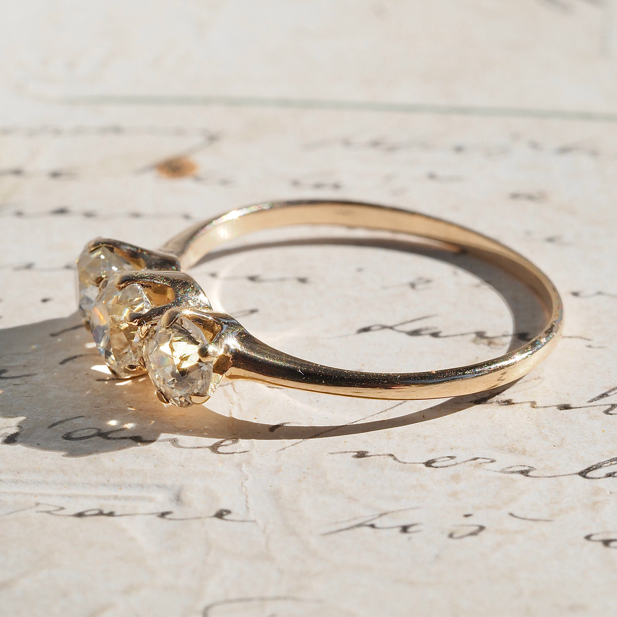 Antique Trilogy Old Mine Cut Diamond 14k Gold Engagement Ring