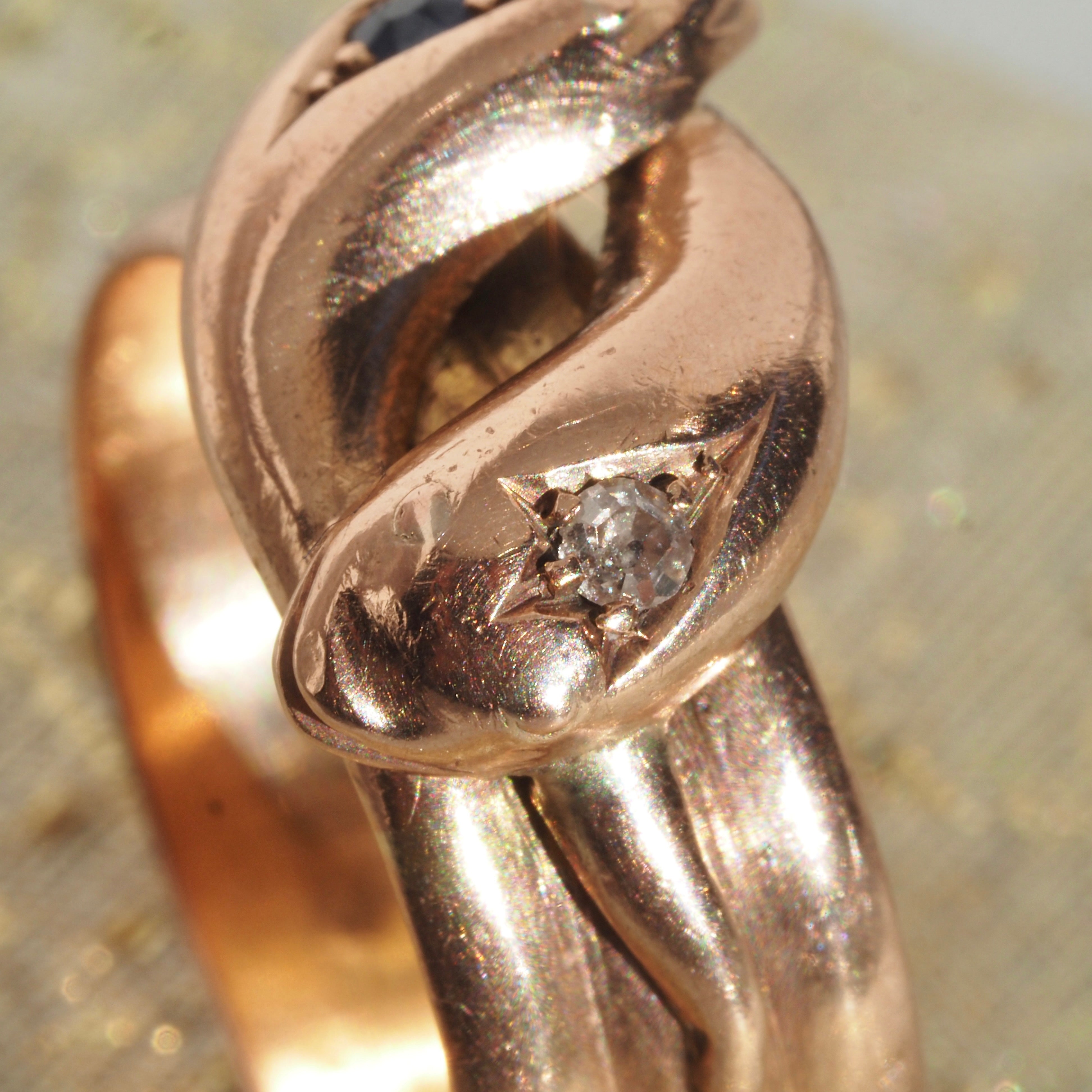 Antique c. 1904 English Old Mine Cut Diamond and Sapphire Double Snake 9k Rose Gold Ring