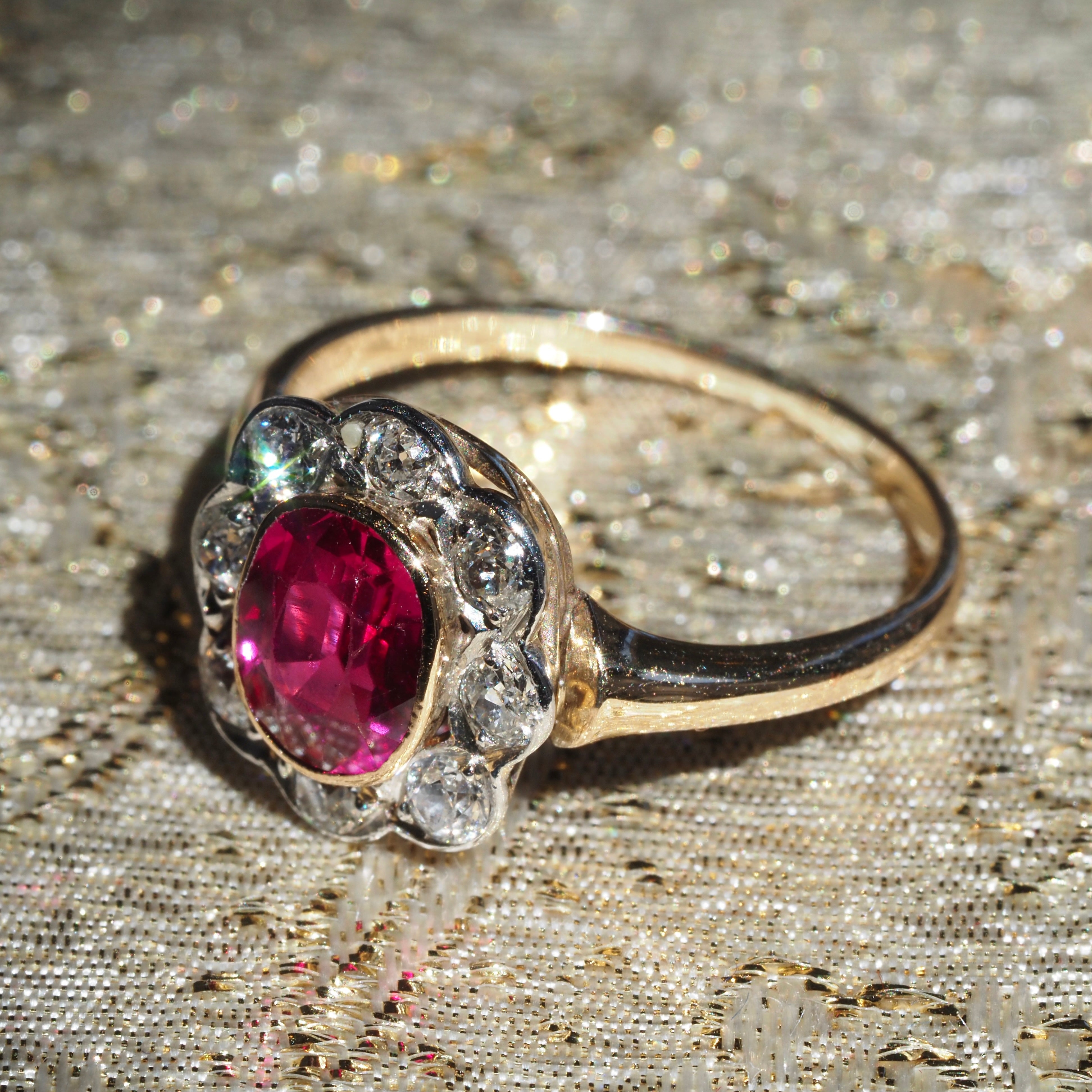 Antique Ruby and Old Mine Cut Diamond Flower 14k Gold Ring