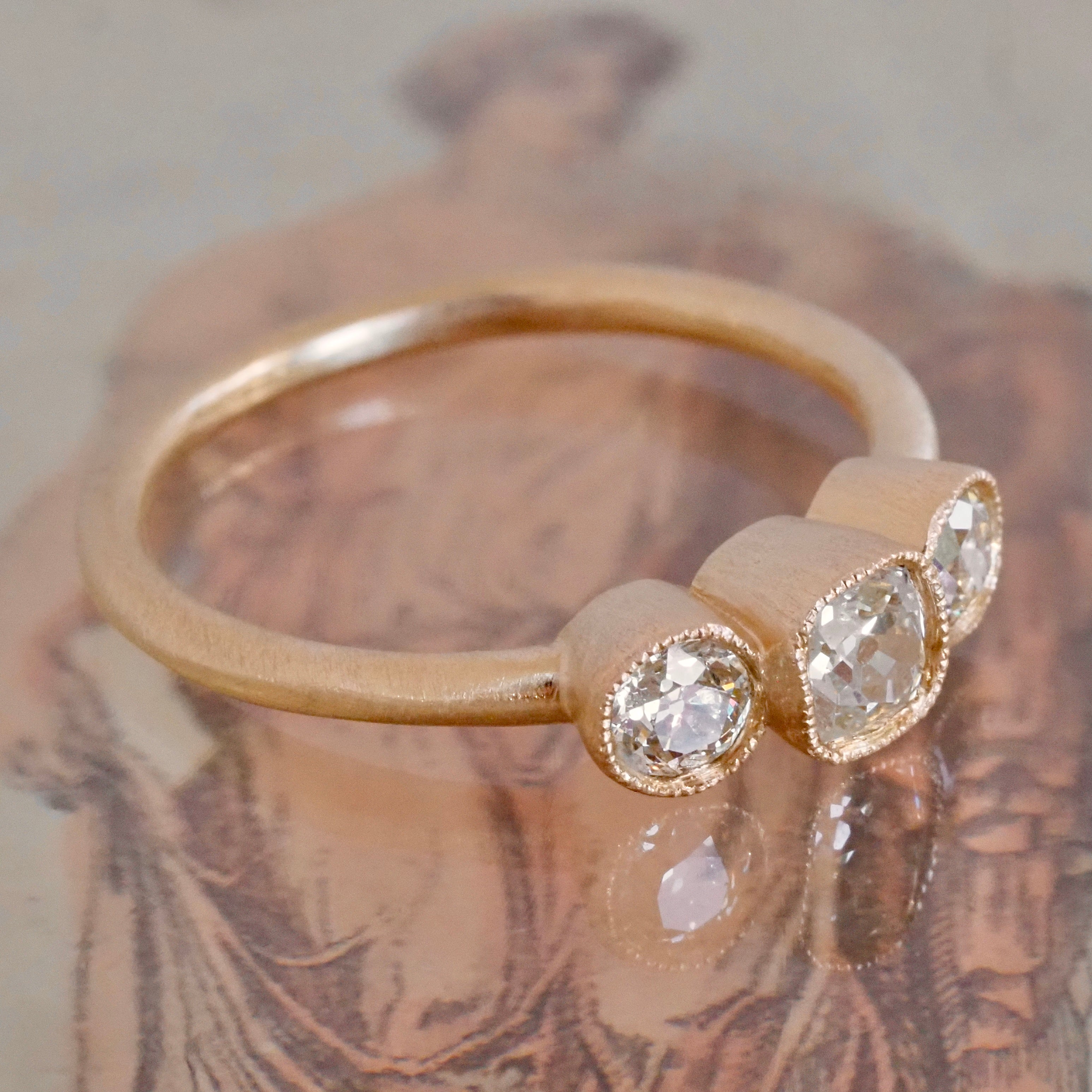 Old Mine Cut and Old European Cut Diamond Trilogy 14k Gold Engagement Ring