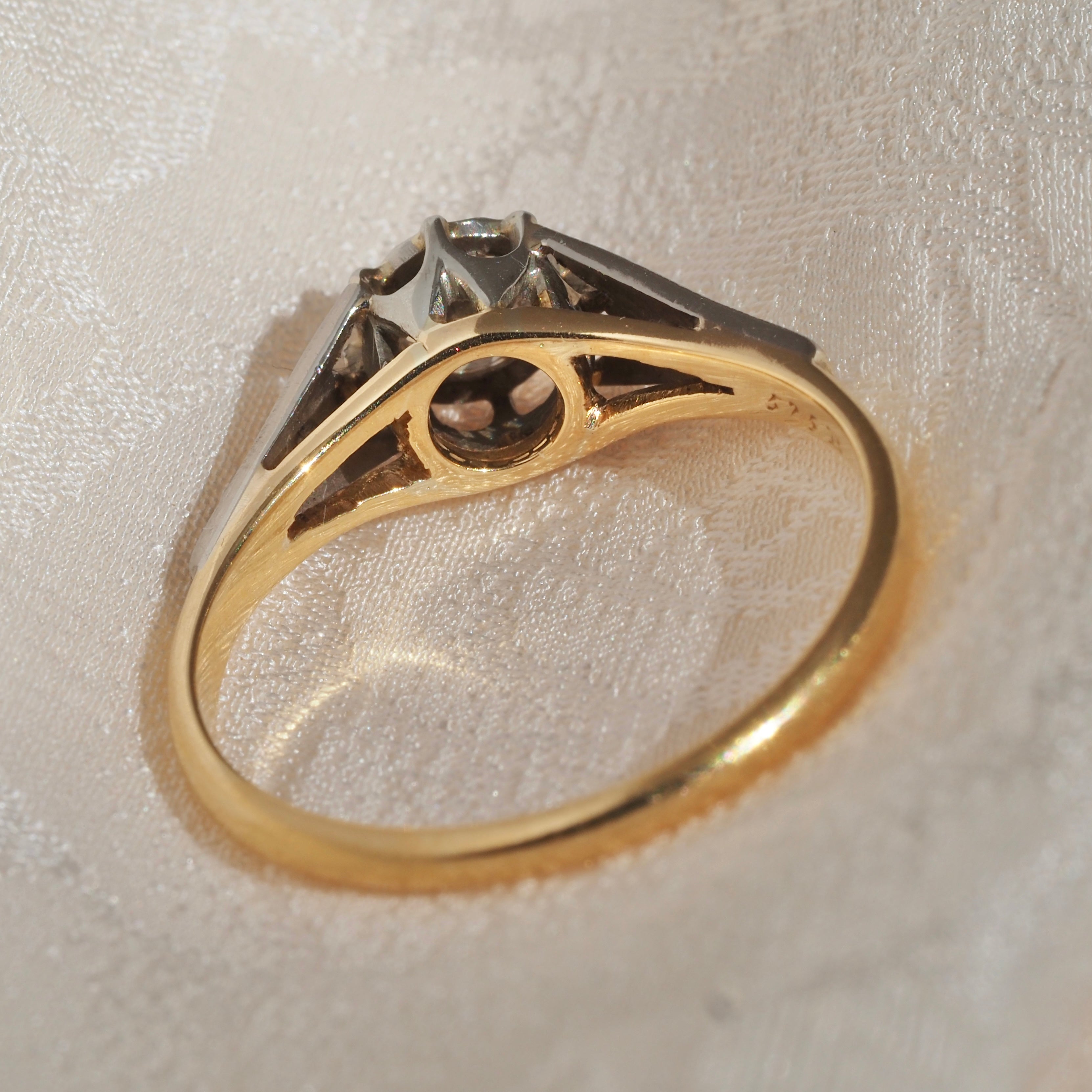 Antique Edwardian 18k White and Yellow Gold Transitional Cut Diamond Solitaire Engagement Ring