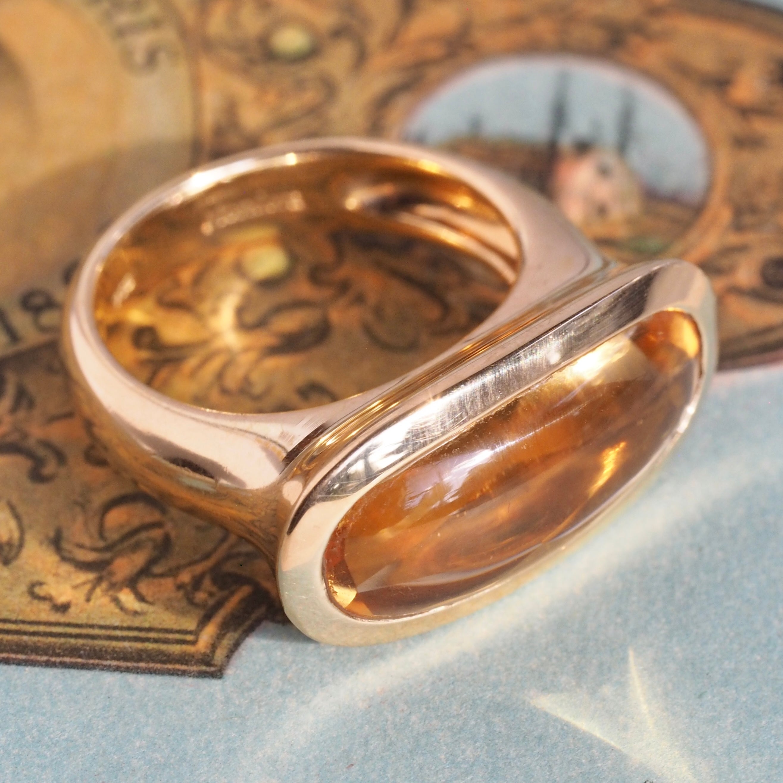 Vintage Italian 18k Gold Modernist Buff Cut Citrine Ring