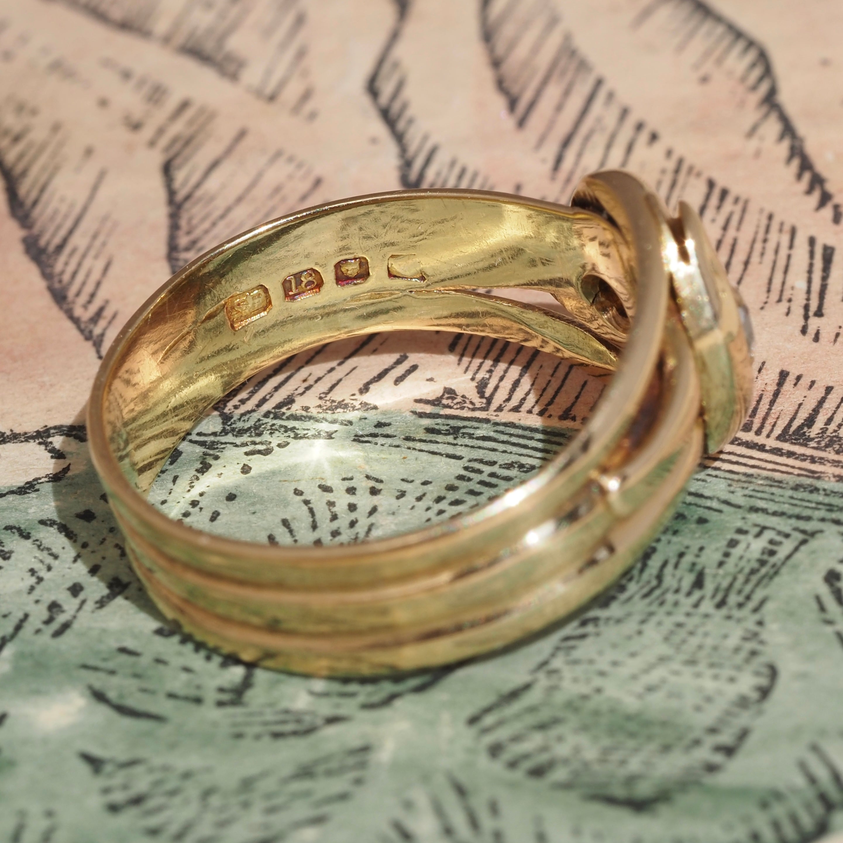 Antique English Double Snake Old Mine Cut Diamond 18k Gold Ring