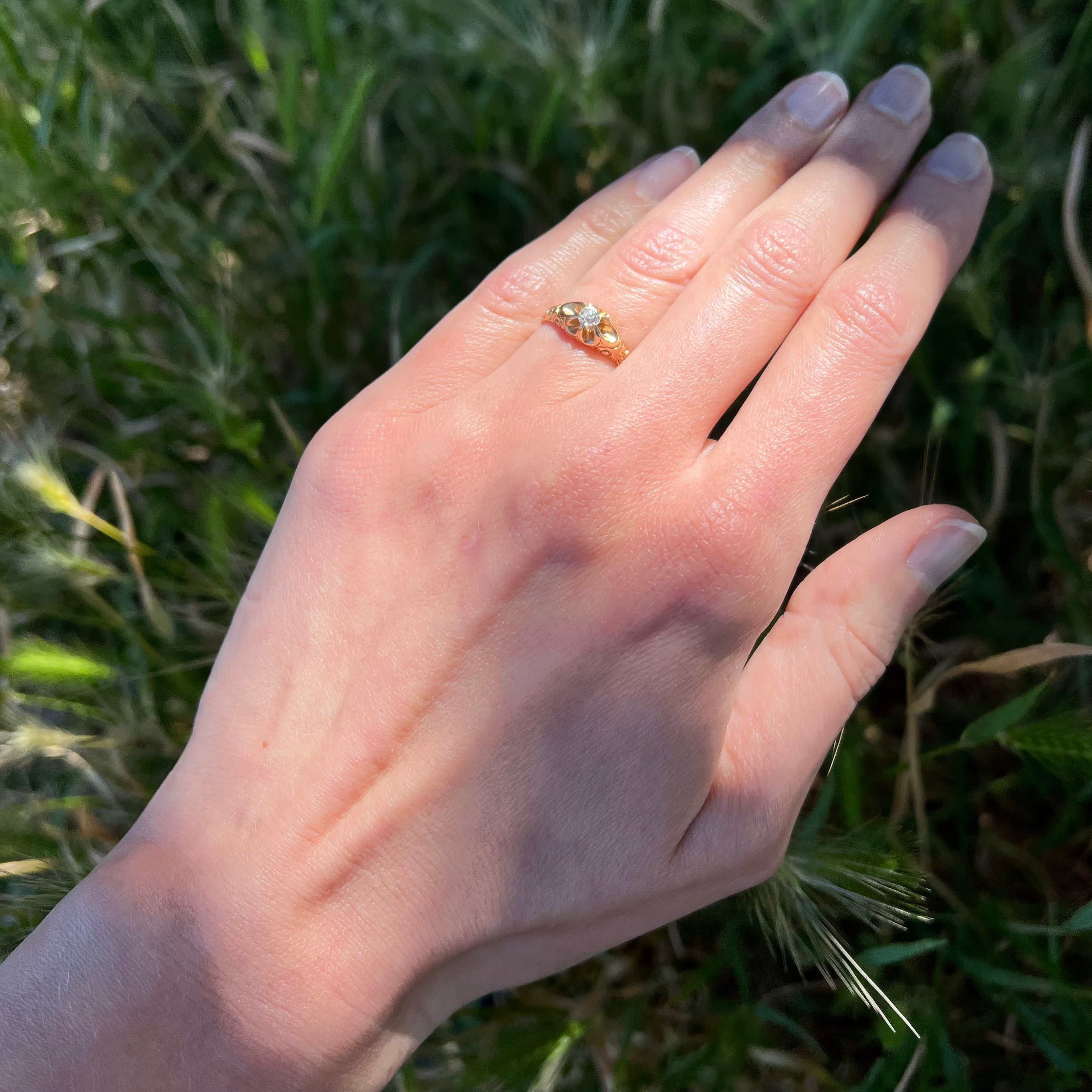 Antique Old European Cut Diamond 14k Gold Engraved Belcher Set Engagement Ring
