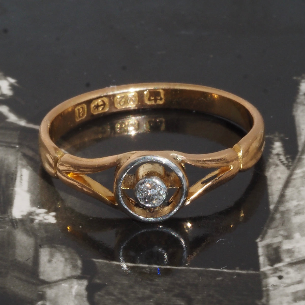 Antique c. 1900 English Bullseye Old Mine Cut Diamond 22k Gold and Platinum Ring