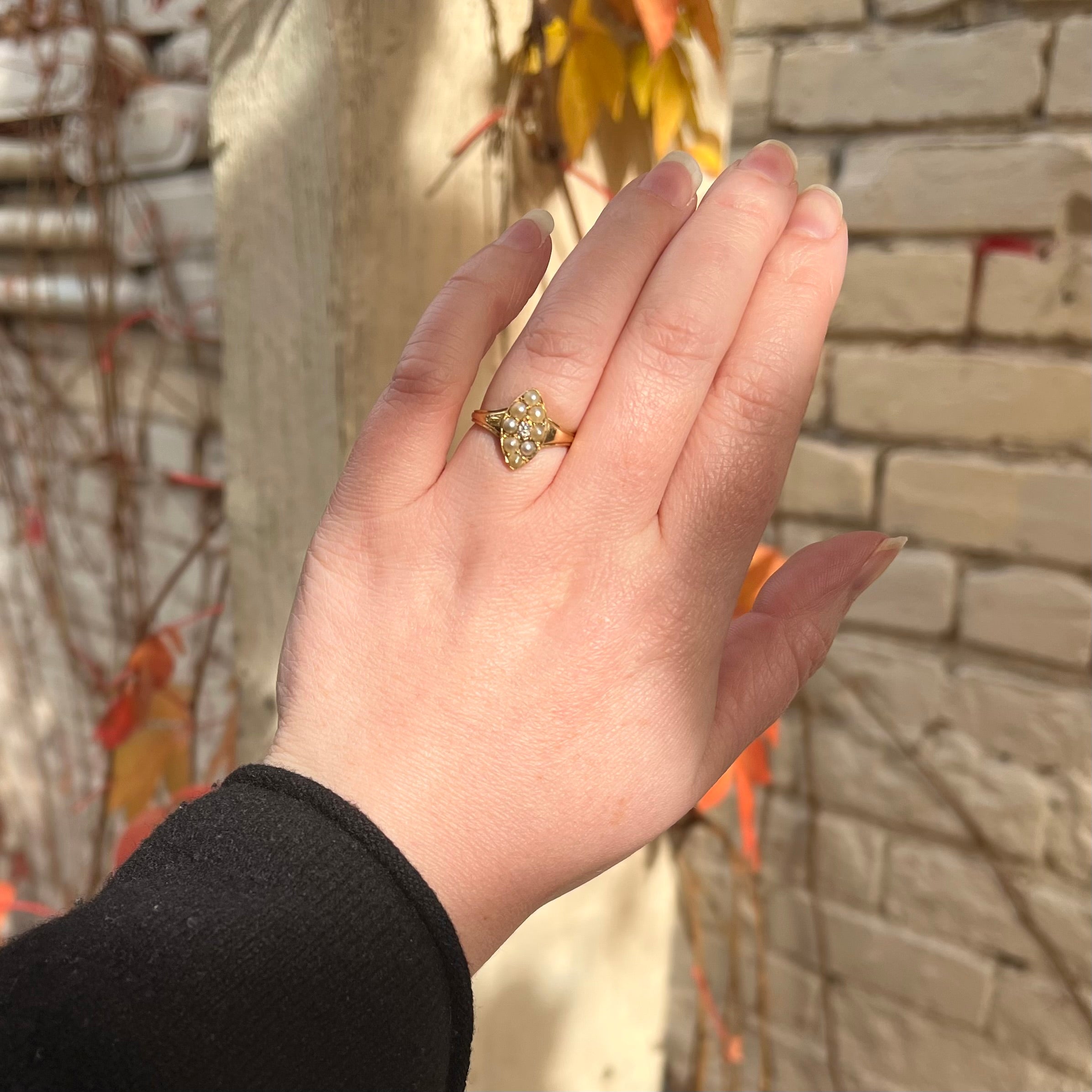 Antique Early Victorian Peruzzi Diamond Natural Seed Pearl 18k Gold Navette Ring