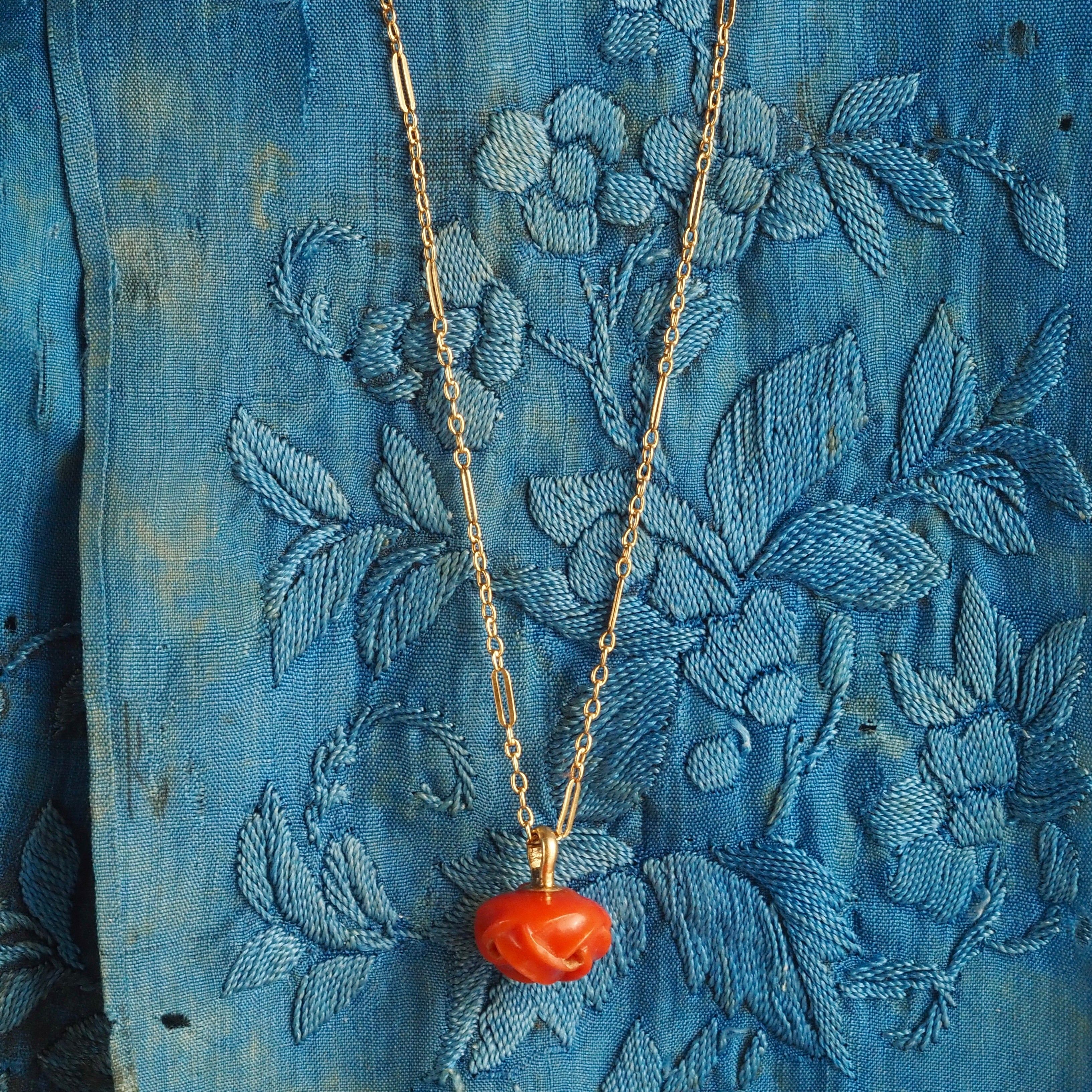 Antique Portuguese Carved Woven Coral Ball 19k Gold Necklace