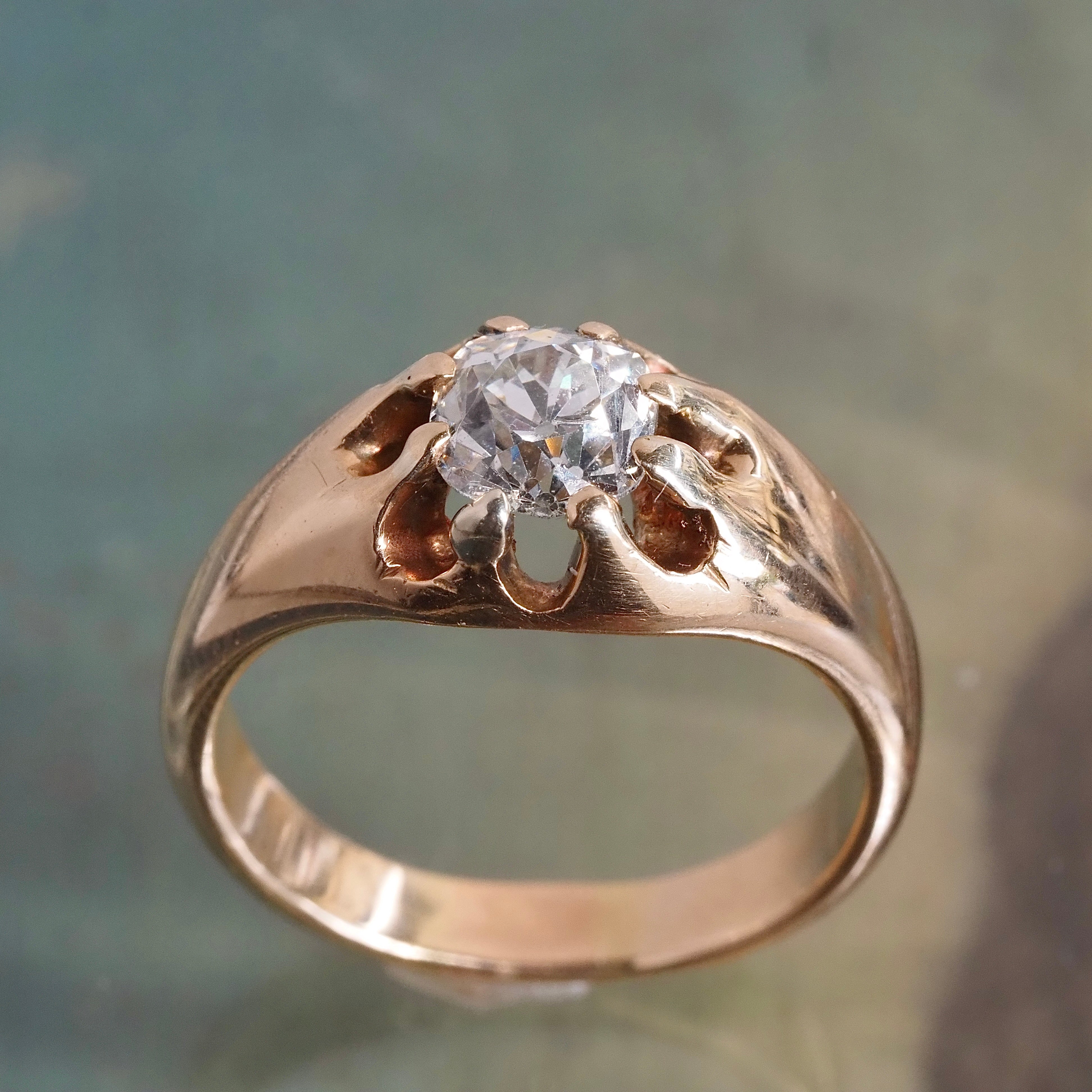 Antique Old Mine Cut Diamond Belcher Set 14k Gold Engagement Ring