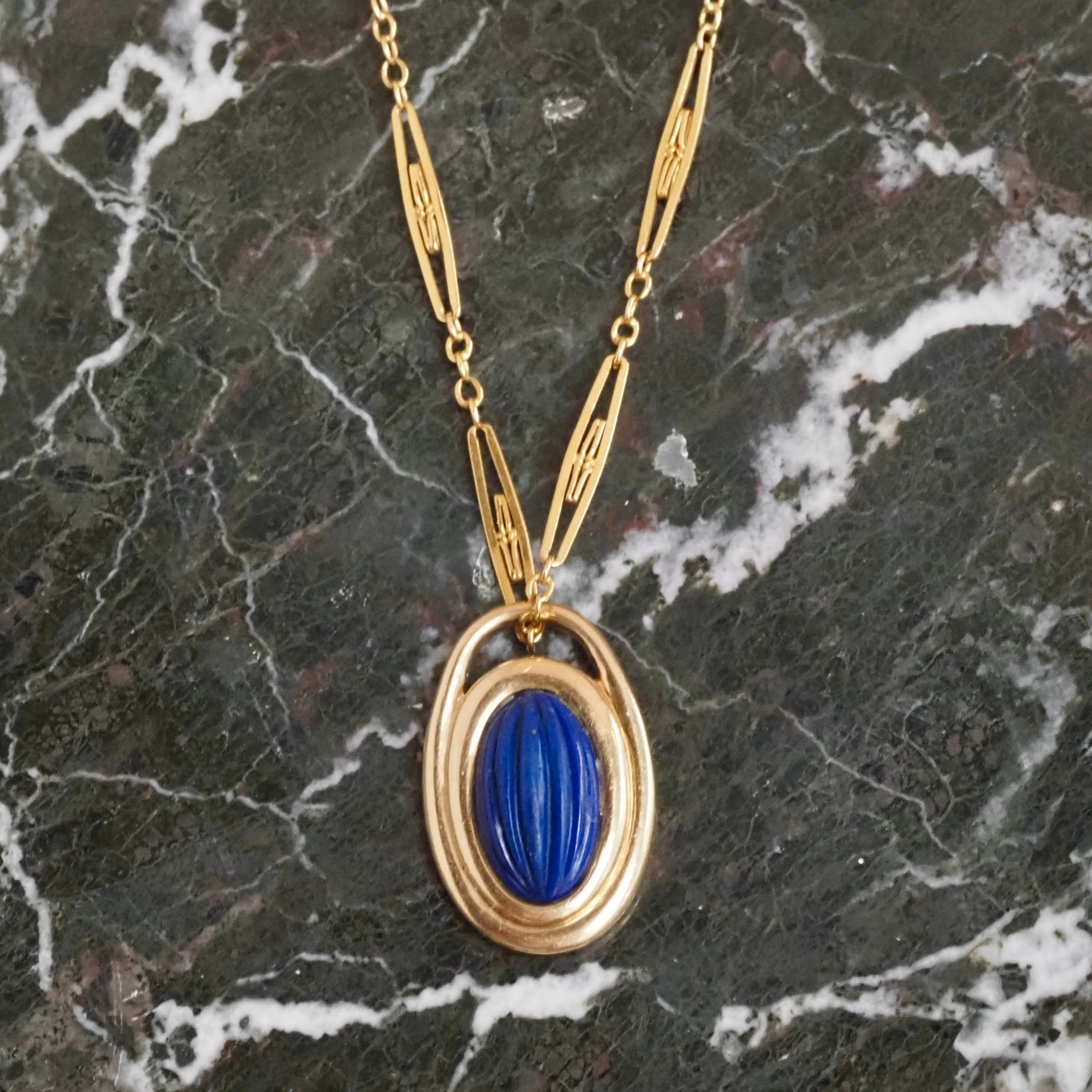 Vintage Carved Lapis Melon 14k Gold Pendant