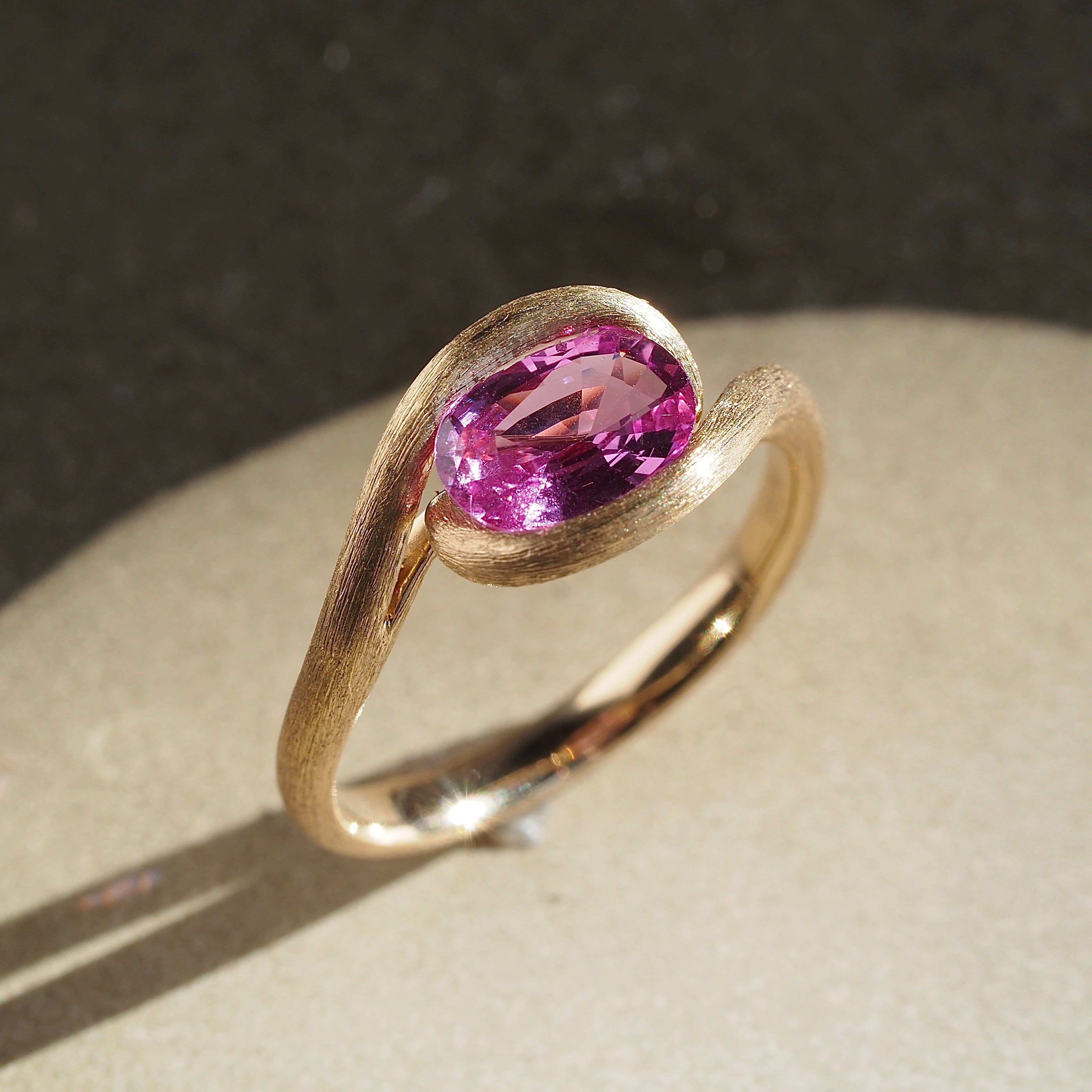 Natural Pink Sapphire Brushed 14k Gold Ring