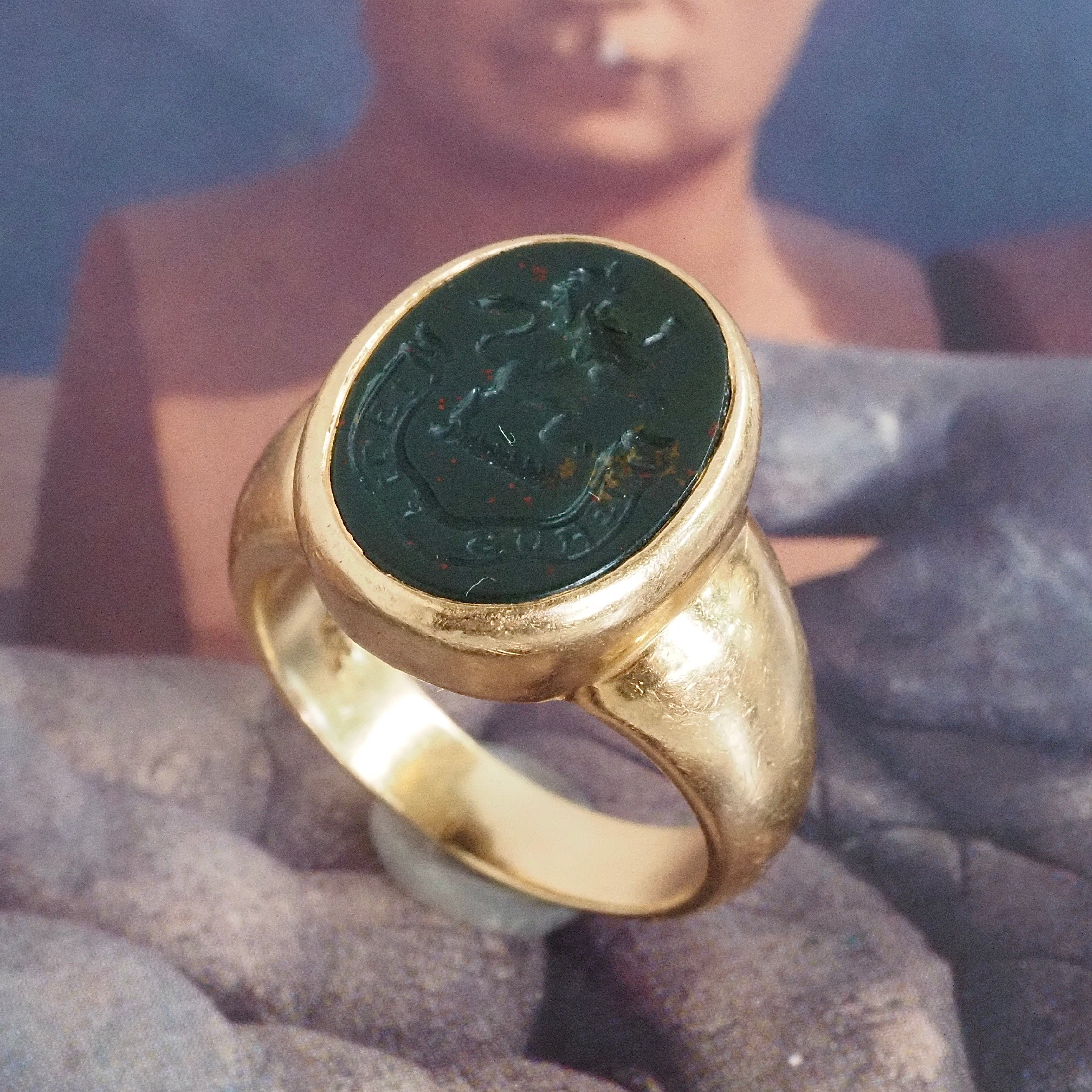 Antique Bloodstone Lion "Verus Fidelis" Intaglio 14k Gold Signet Ring