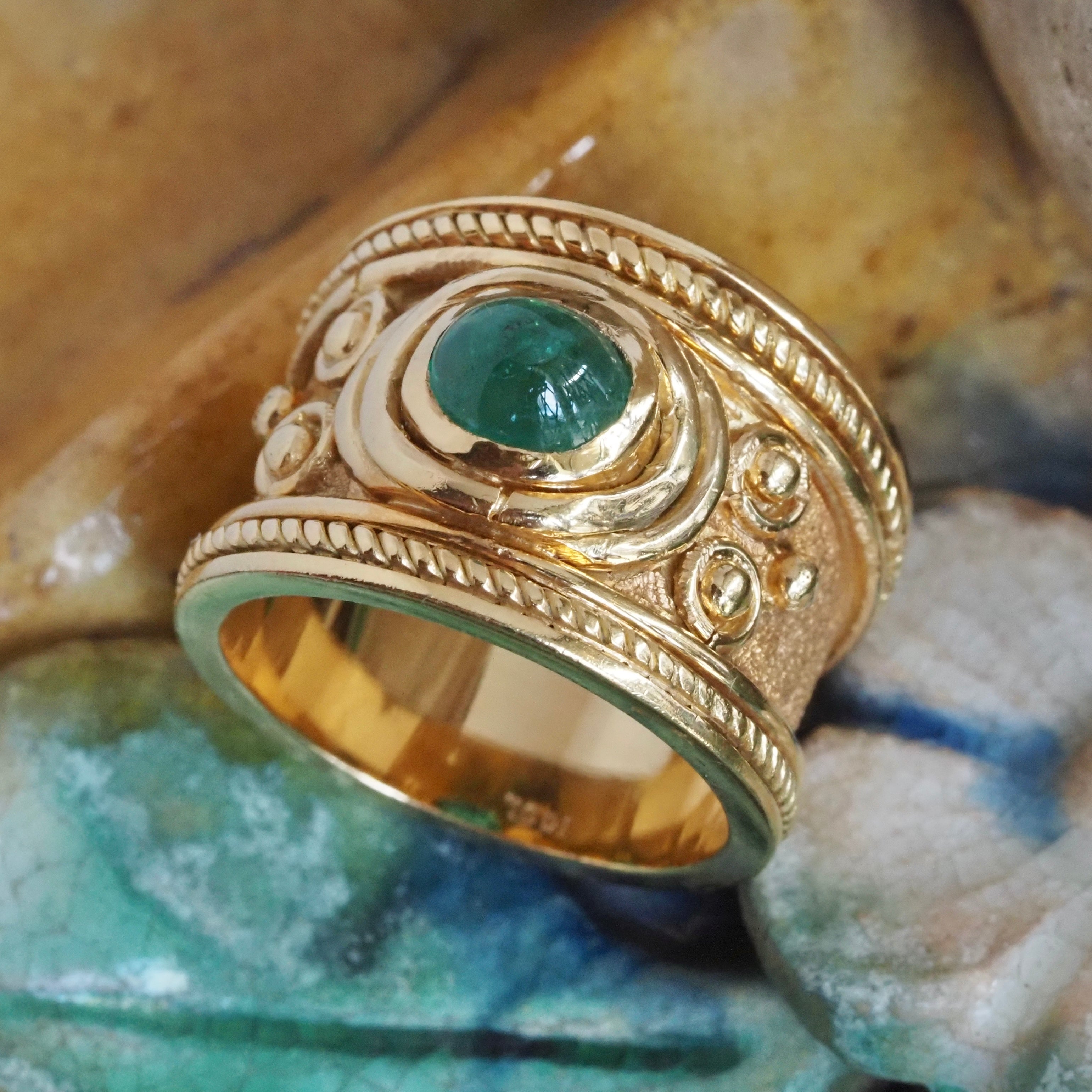 Etruscan Style Emerald Cabochon 18k Gold Wide Ring