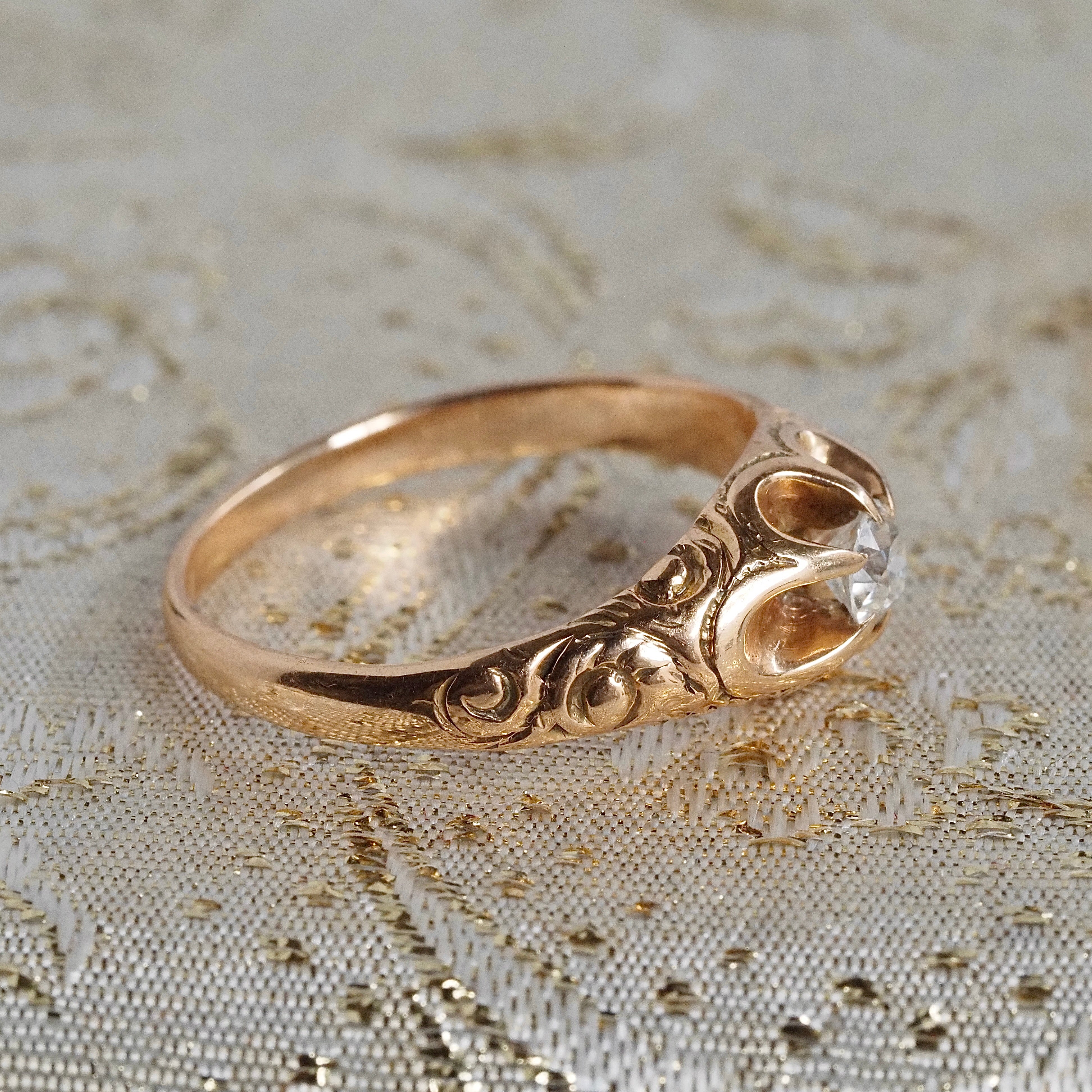 Antique Old European Cut Diamond 14k Gold Engraved Belcher Set Engagement Ring