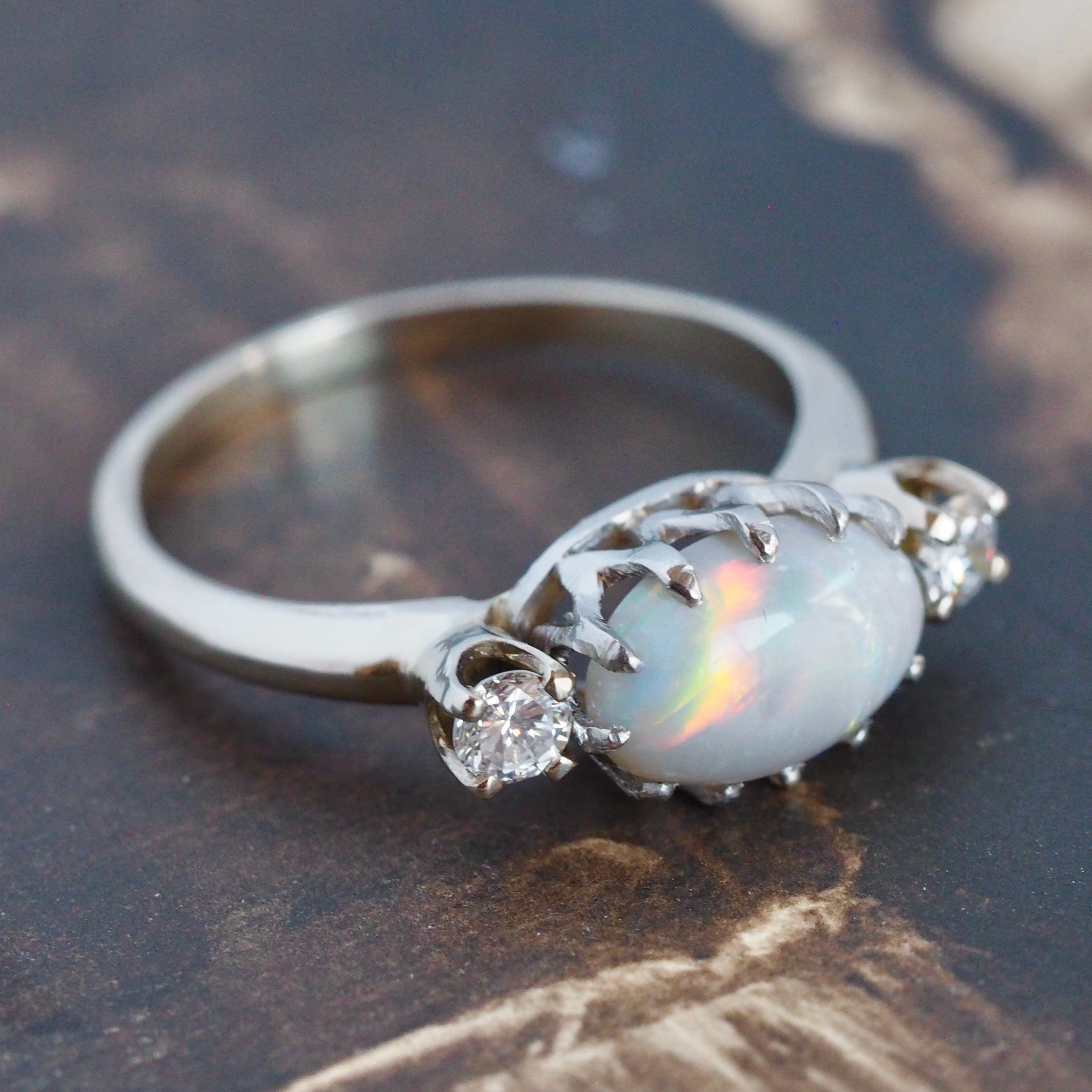Vintage 14k White Gold Opal and Diamond Ring
