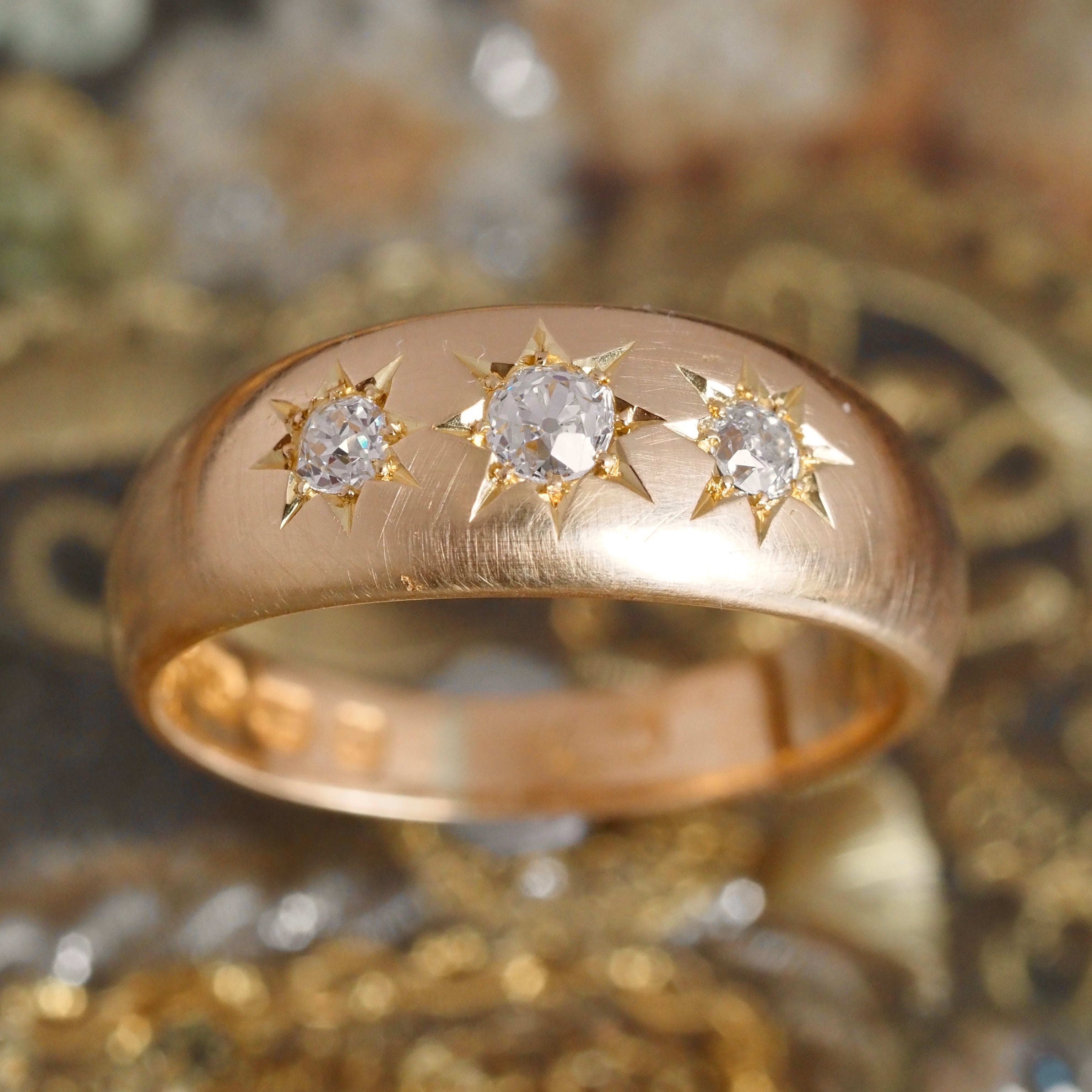 Antique c. 1892 English Starburst Flush Set Old Mine Cut Diamond Trilogy 18k Gold Ring