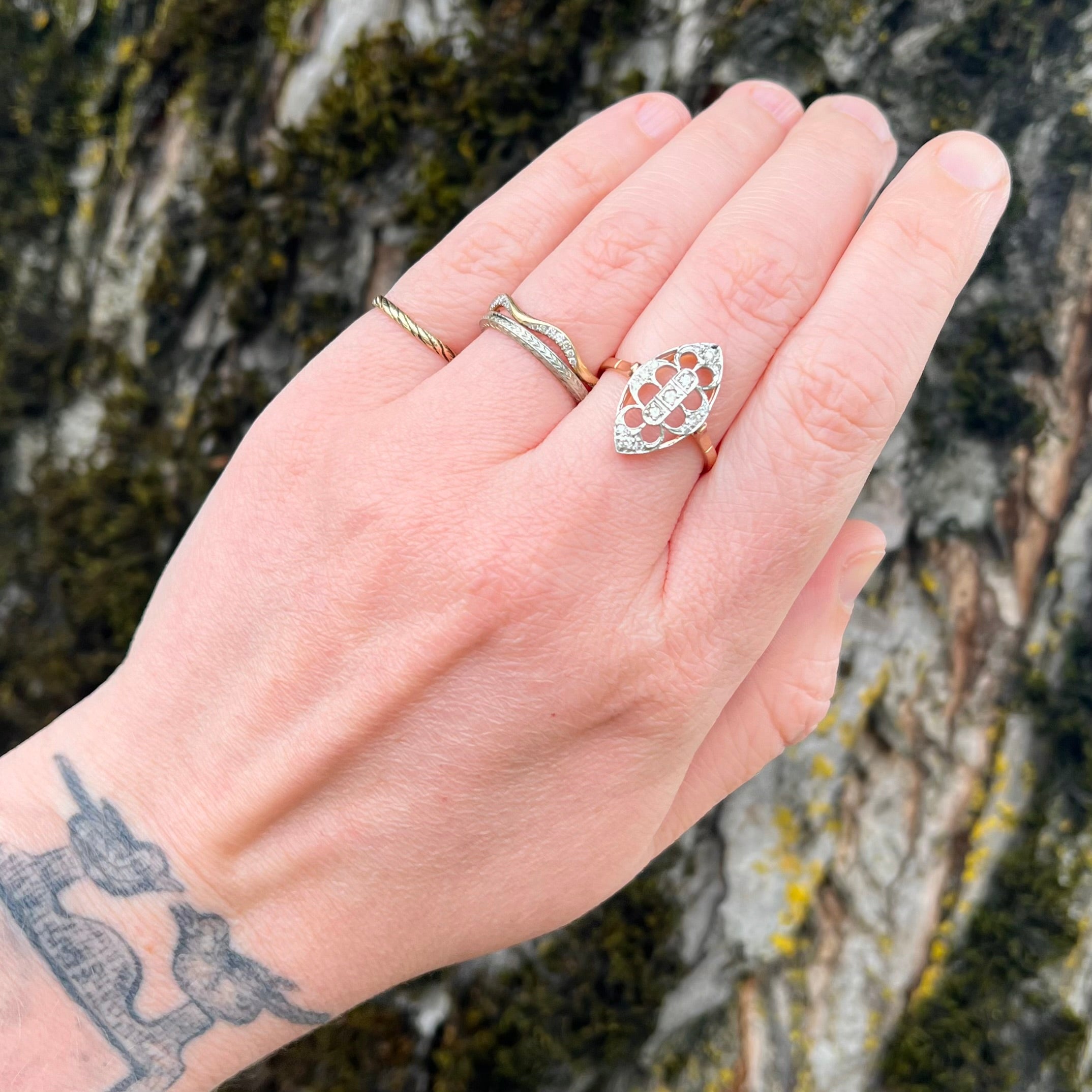 Vintage 14k Rose Gold Diamond Navette Ring
