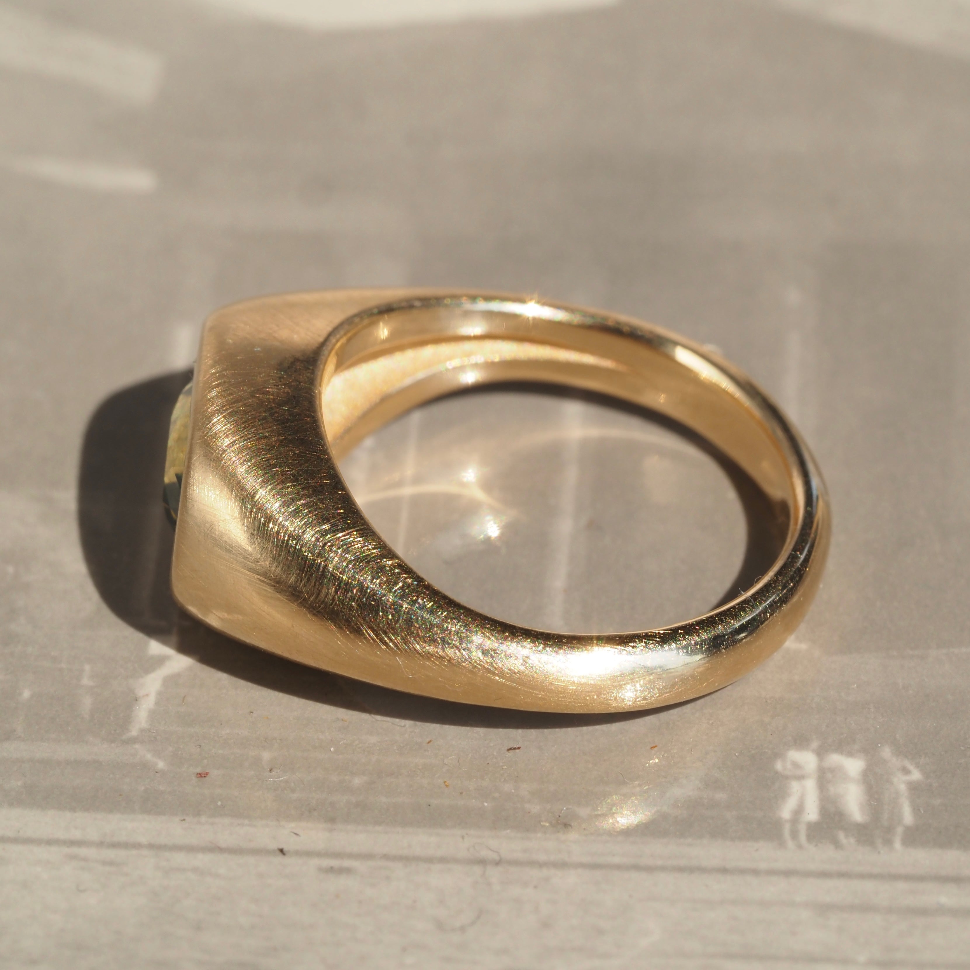 Faceted Natural Green Sapphire Signet 14k Gold Ring