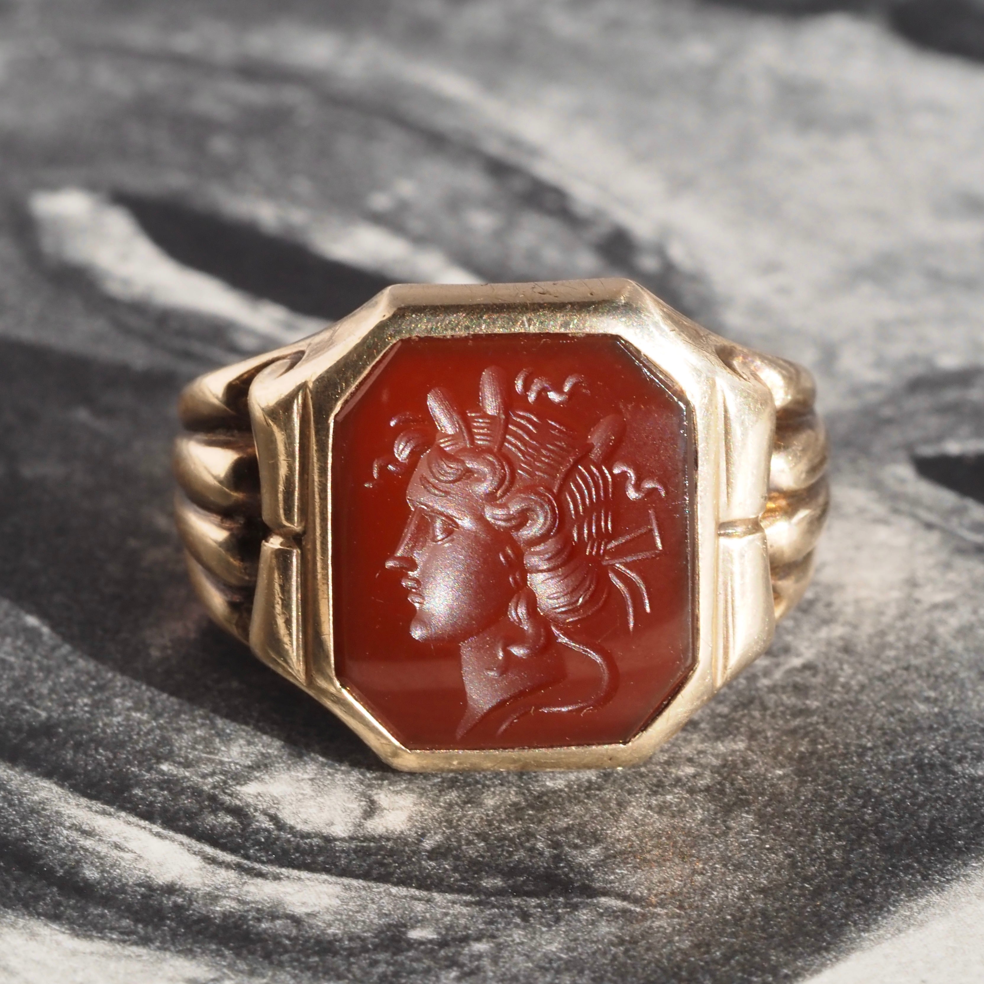 Antique Carnelian Intaglio Goddess 9k Gold Signet Ring