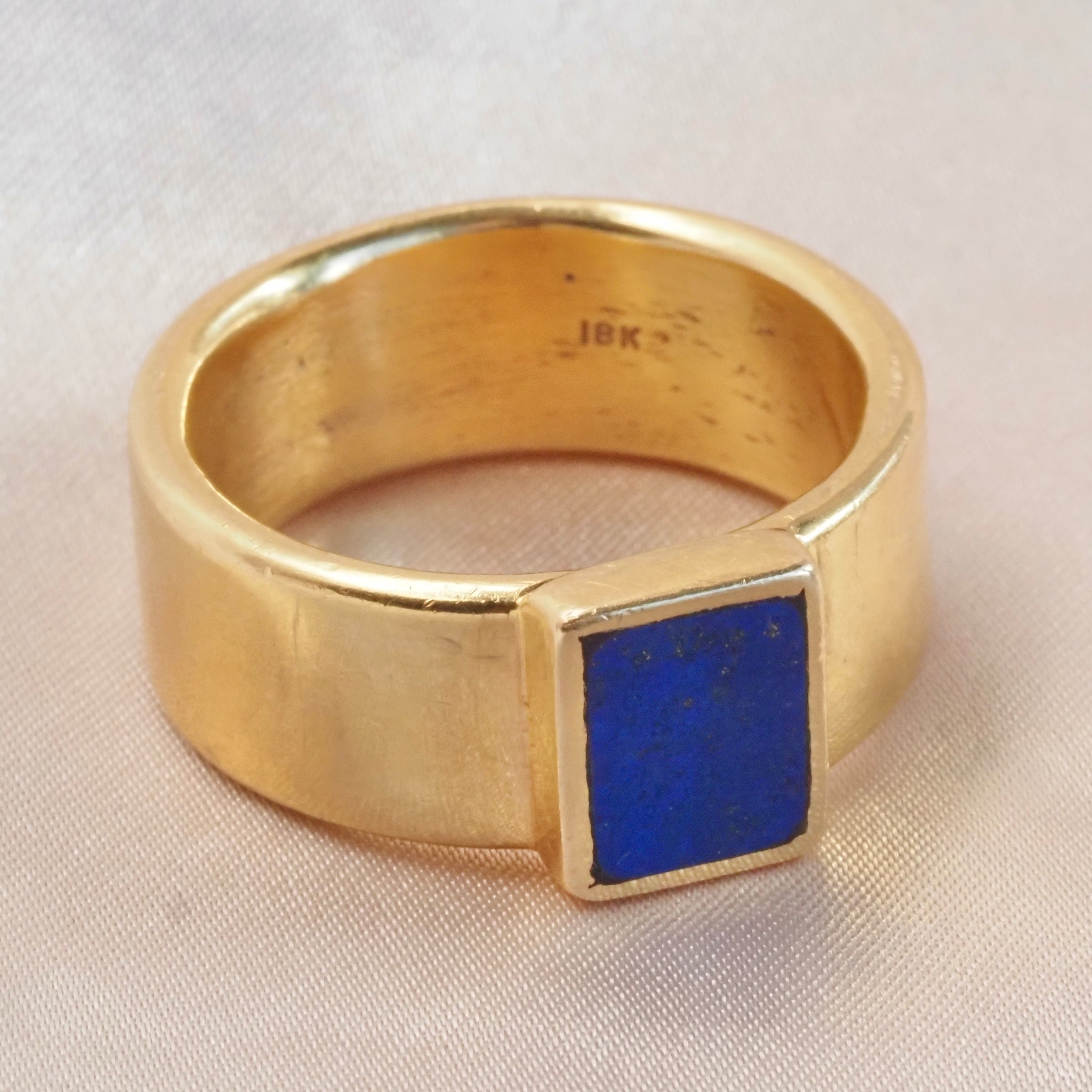 Vintage Lapis 18k Gold Bezel Set Wide Band Ring