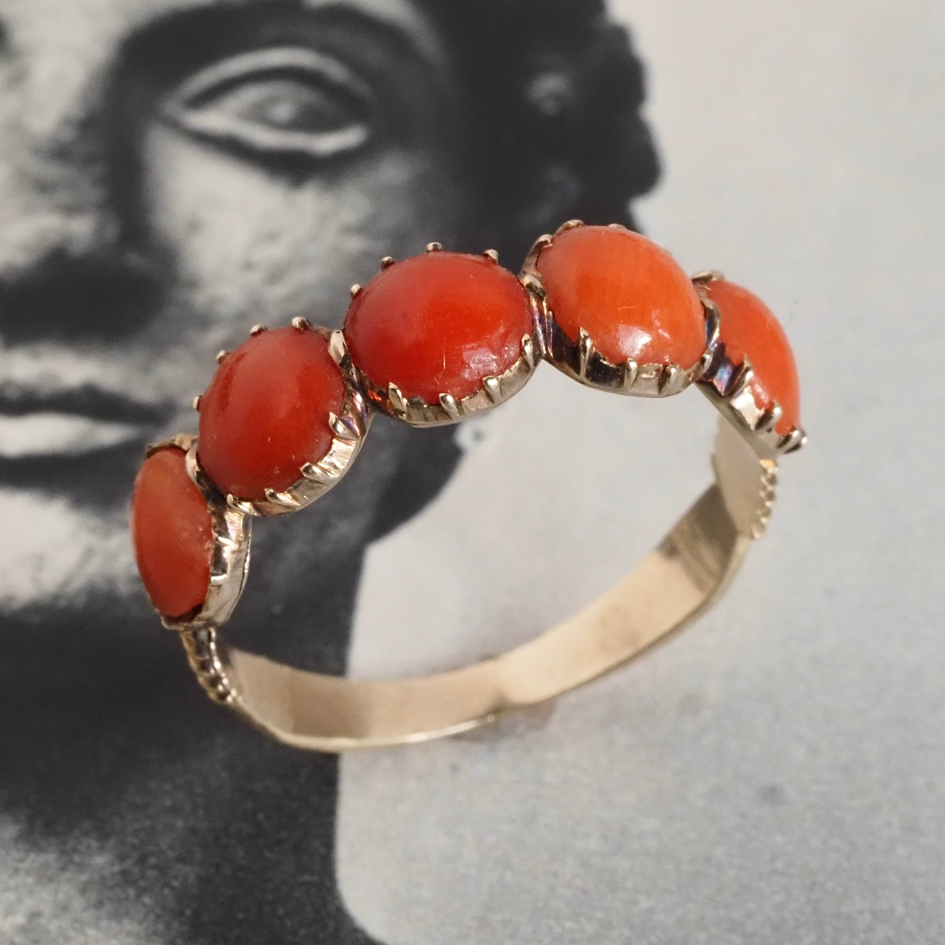 Antique Georgian Five Stone Coral 14k Gold Ring
