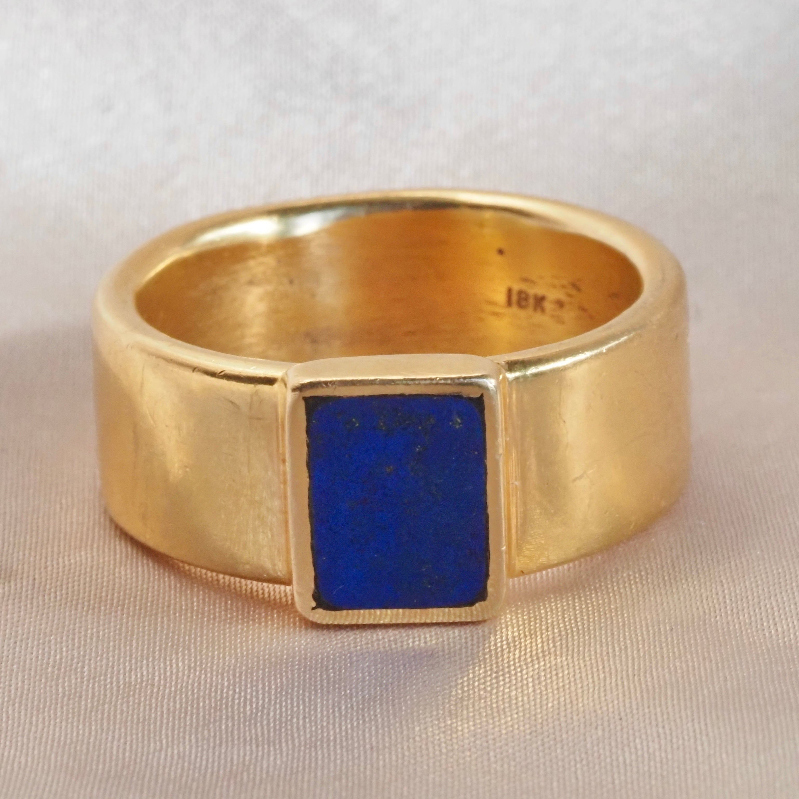 Vintage Lapis 18k Gold Bezel Set Wide Band Ring