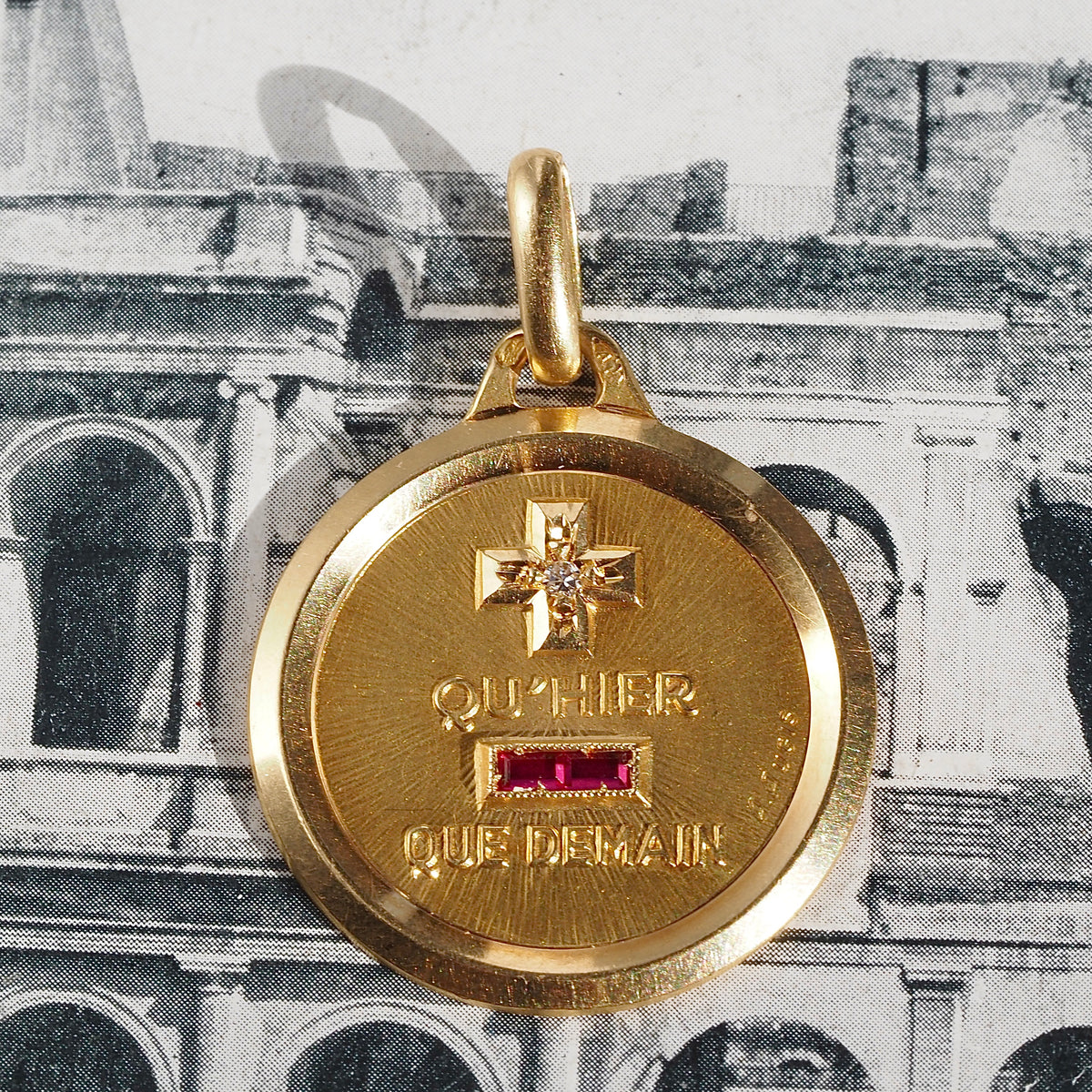 Vintage French Augis "More Than Yesterday, Less than Tomorrow" Ruby Diamond 18k Gold Pendant