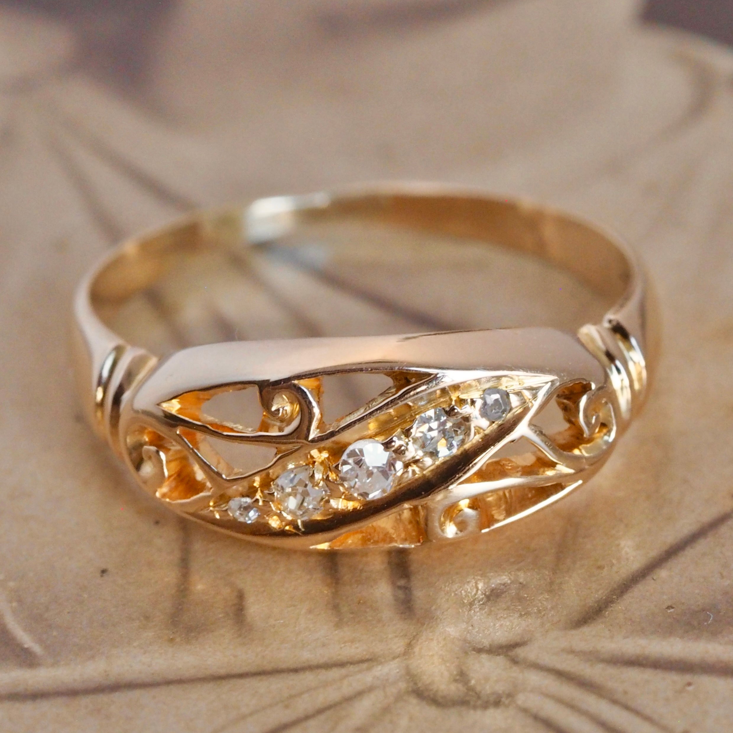 Antique Art Nouveau English 18k Gold and Diamond Scroll Ring