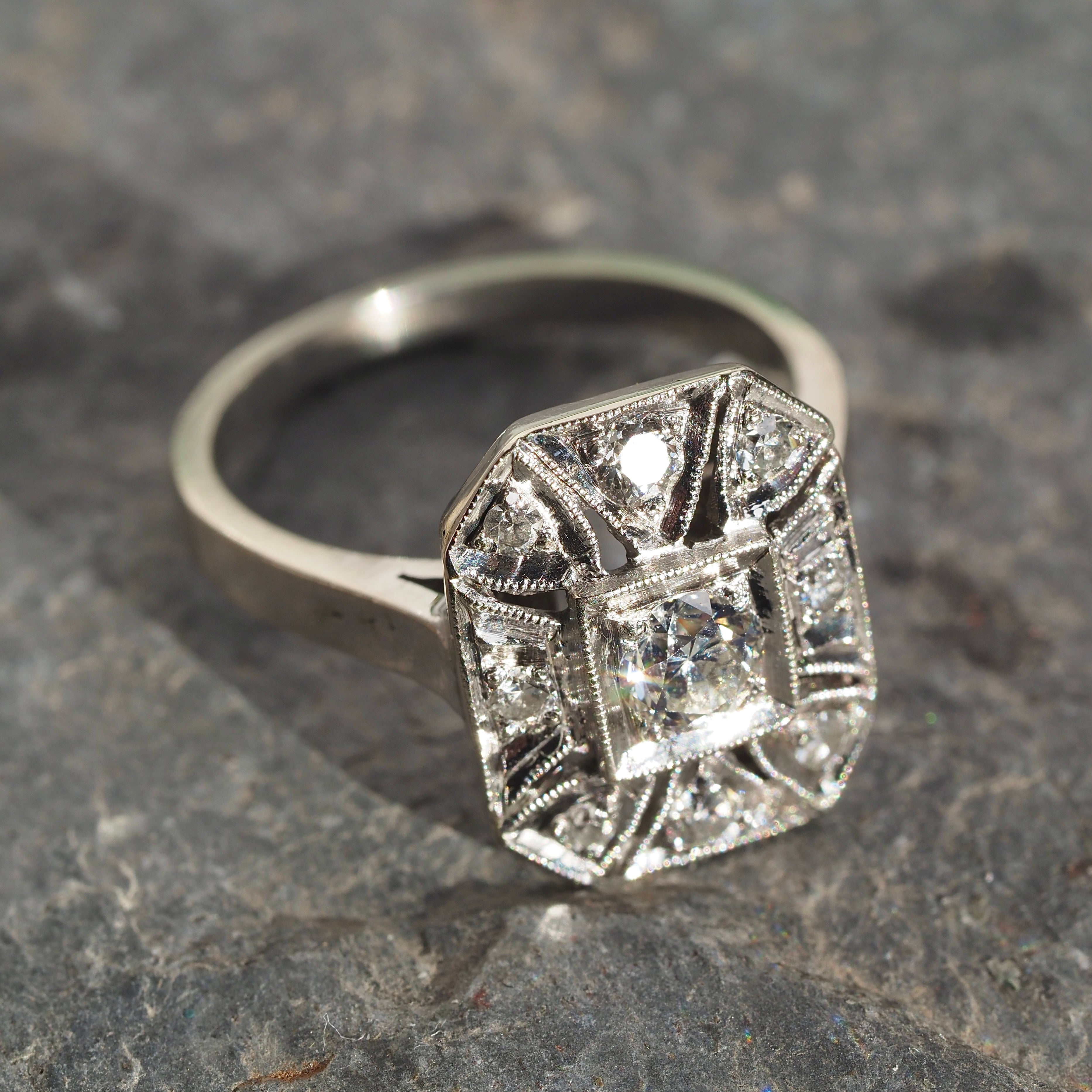 Late Art Deco Old European Cut Diamond Shield Cluster 14k White Gold Ring