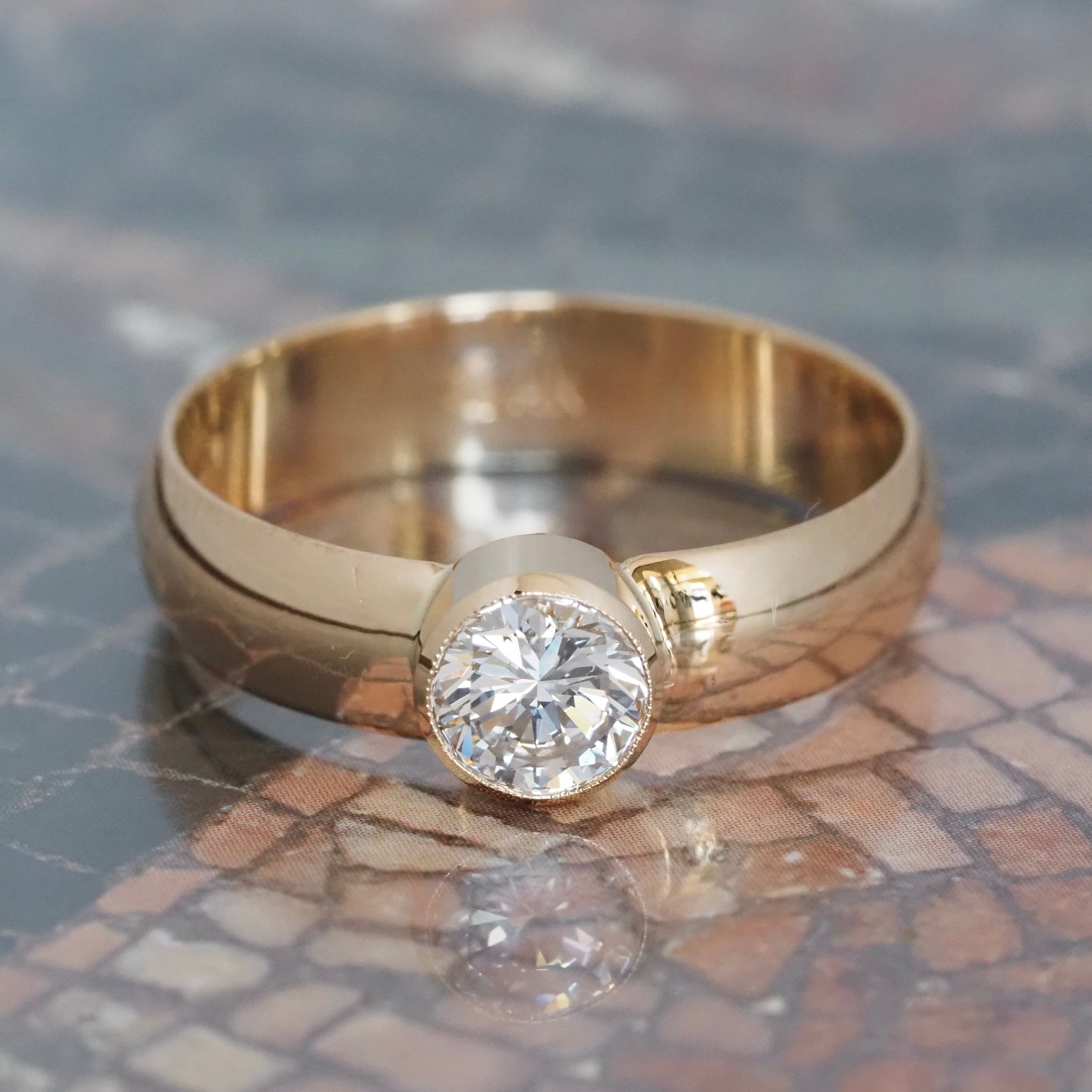 Round Brilliant Cut Bezel Set Diamond 14k Gold Engagement Ring