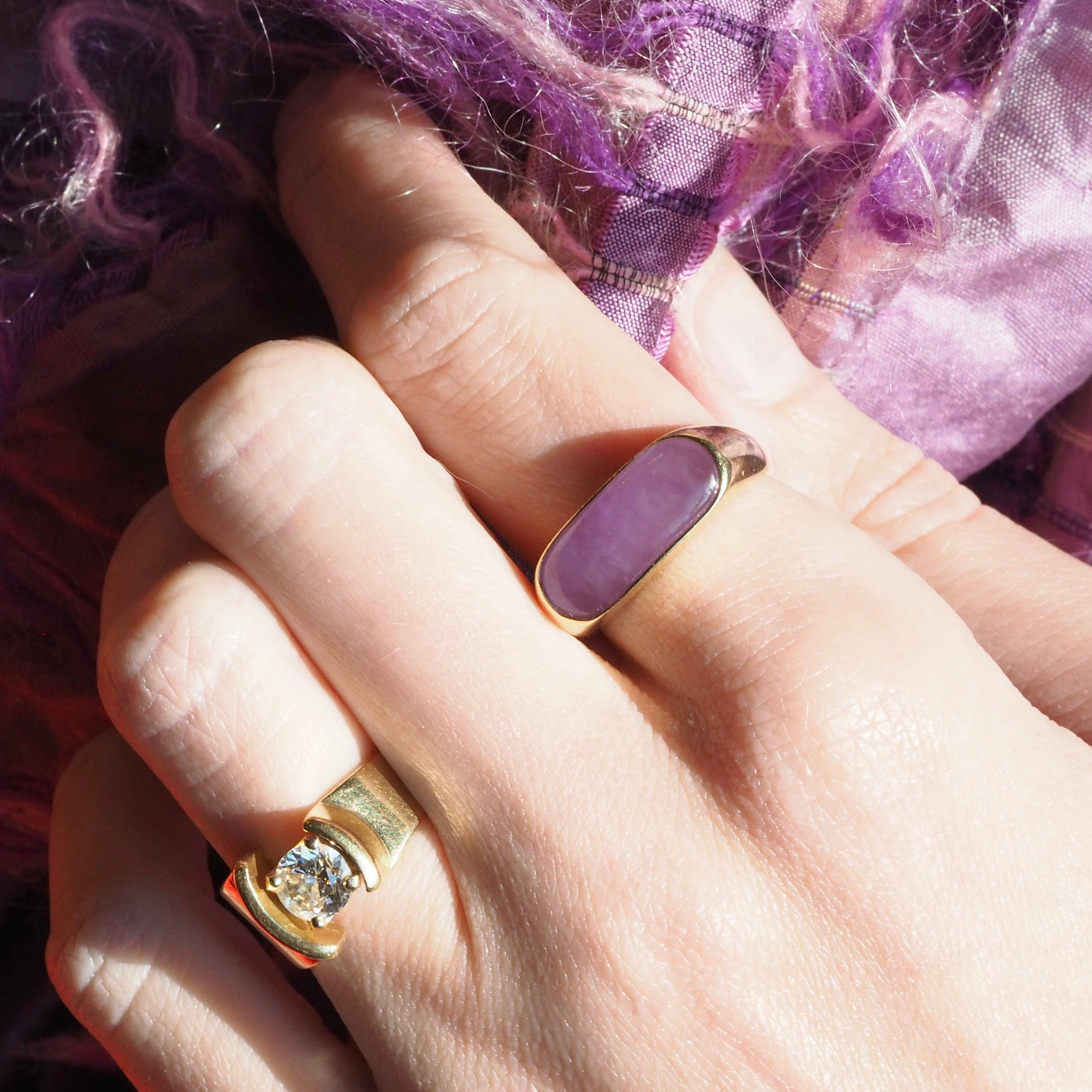 Vintage 14k Gold Lavender Jade Saddle Ring