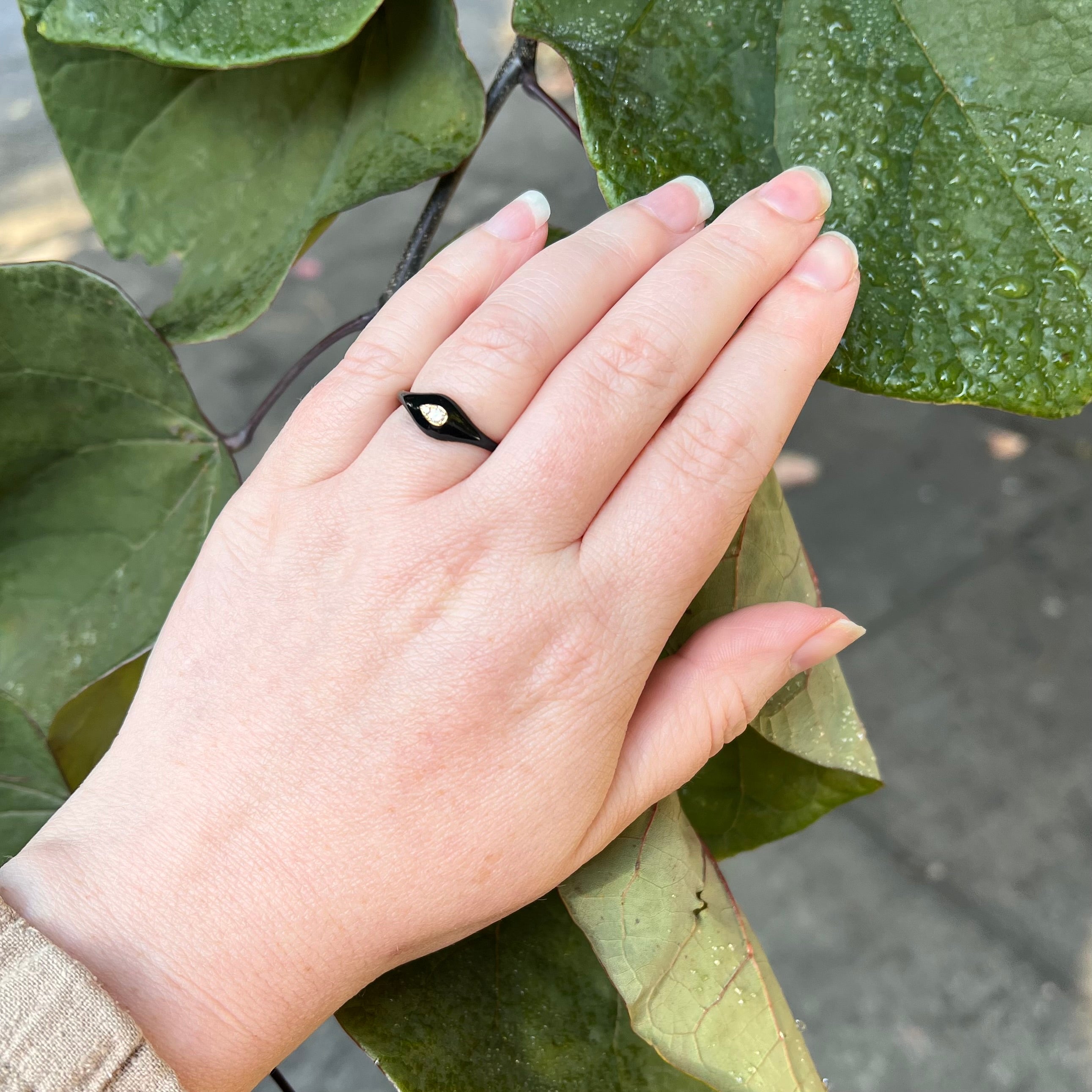 Domed Black Enamel 18k Gold Diamond Teardrop Ring