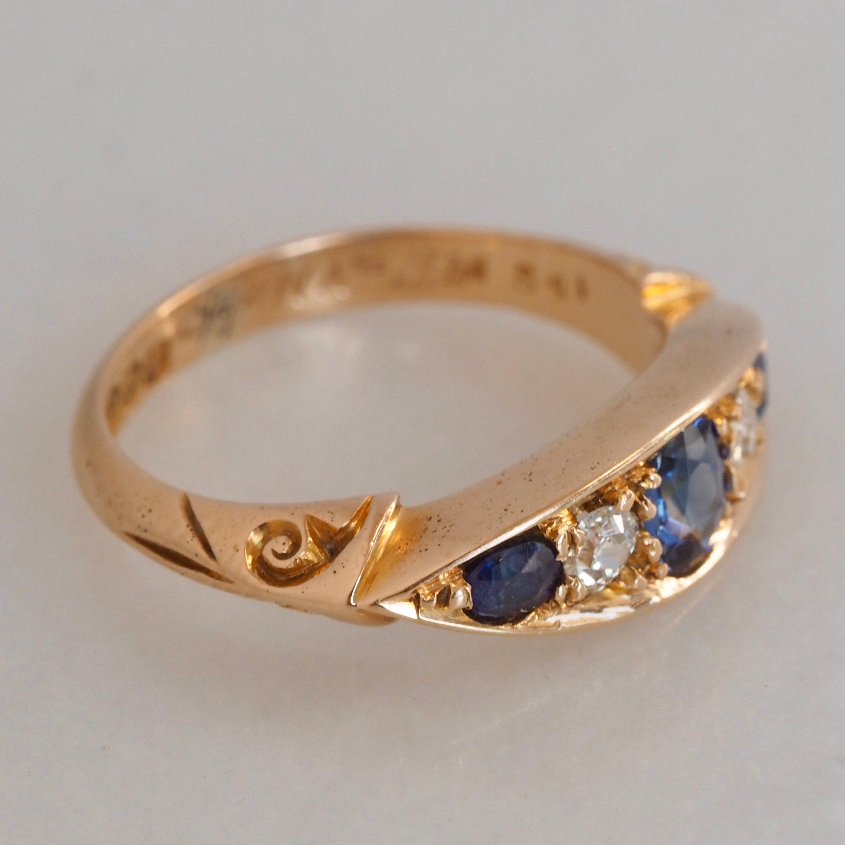 Antique Edwardian 18k Gold Sapphire and Old Mine Cut Diamond Five Stone Boat Ring