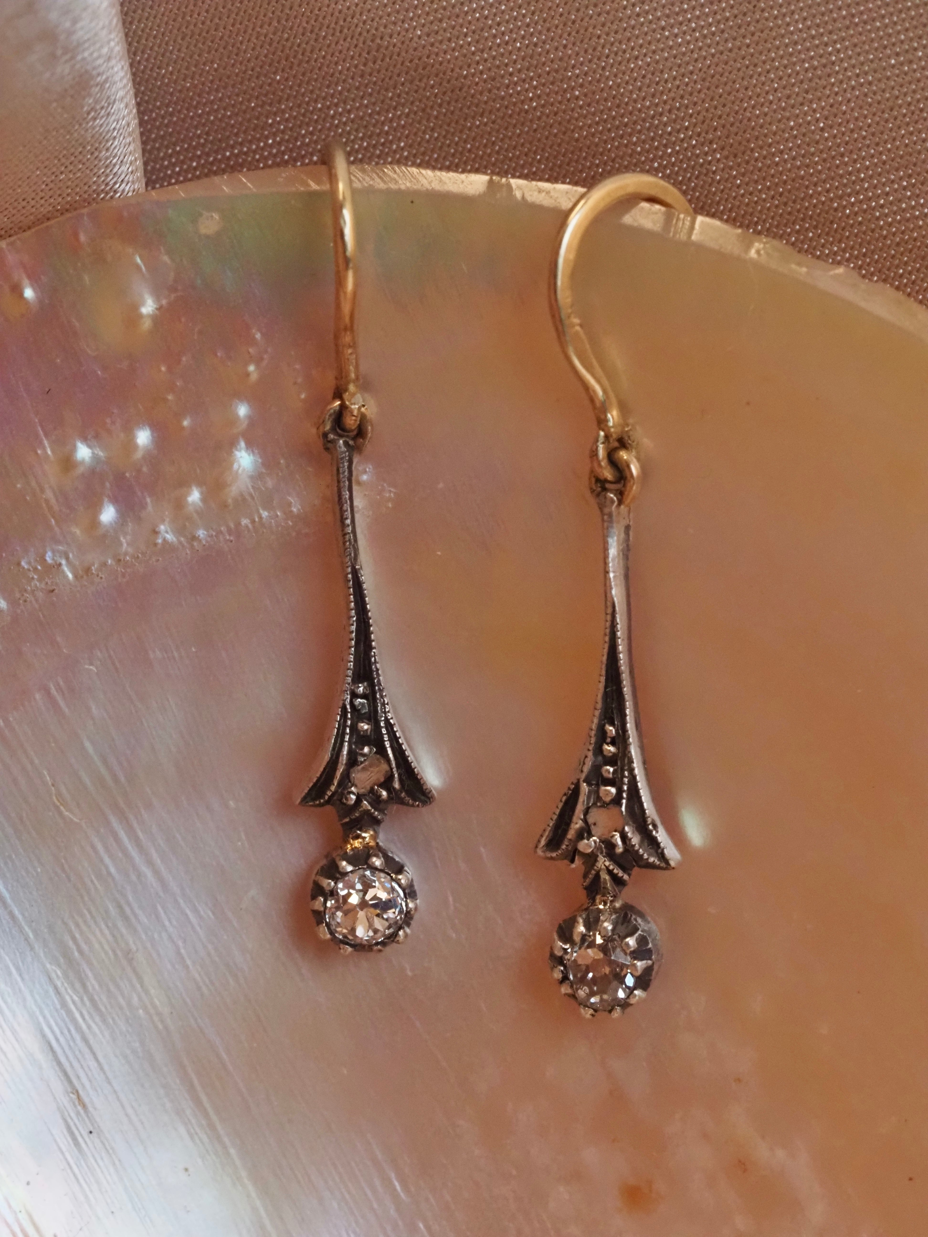 Antique Portuguese Old Mine Cut Diamond Silver & 19k Gold Earrings