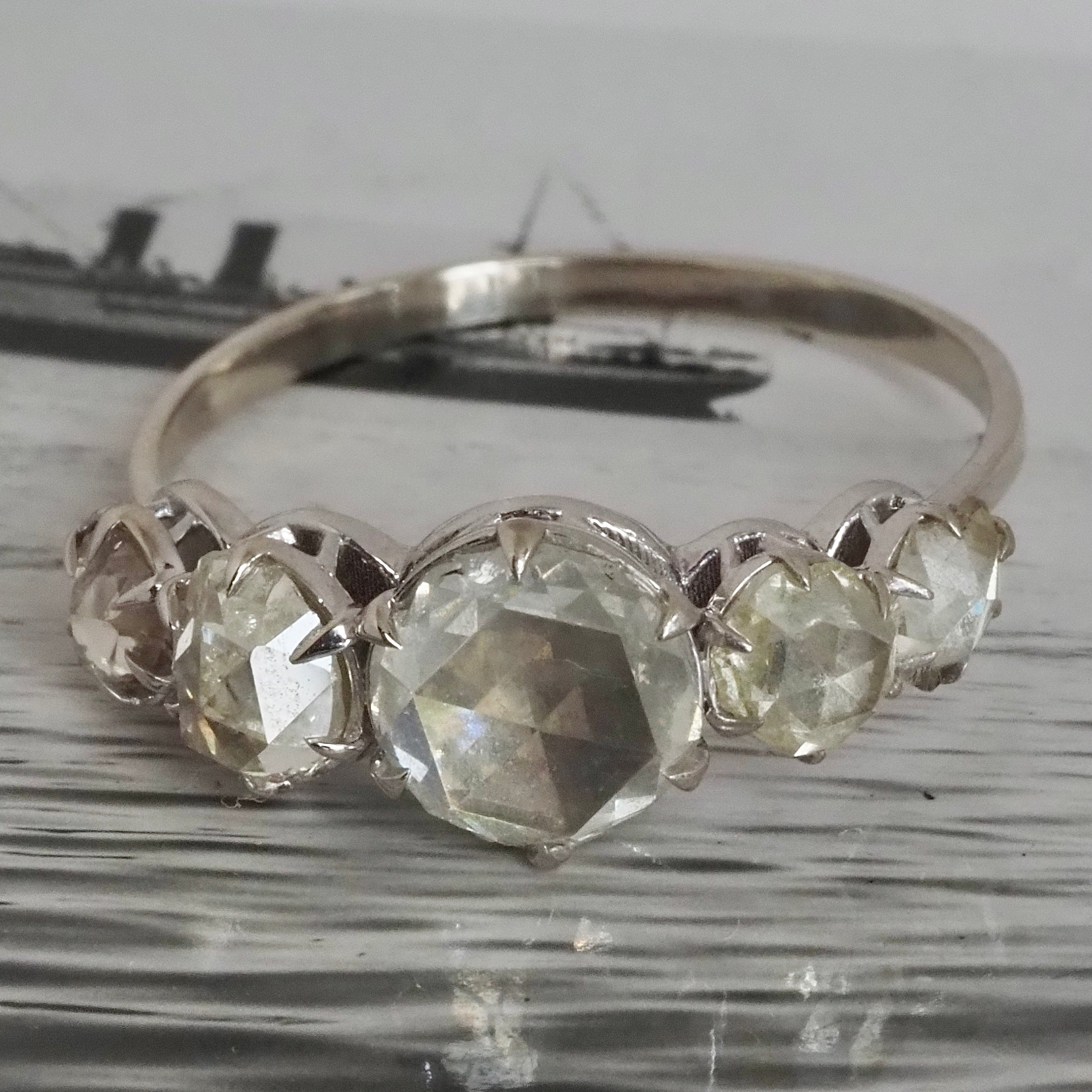 Rose Cut Diamond Five Stone 14k White Gold Engagement Ring