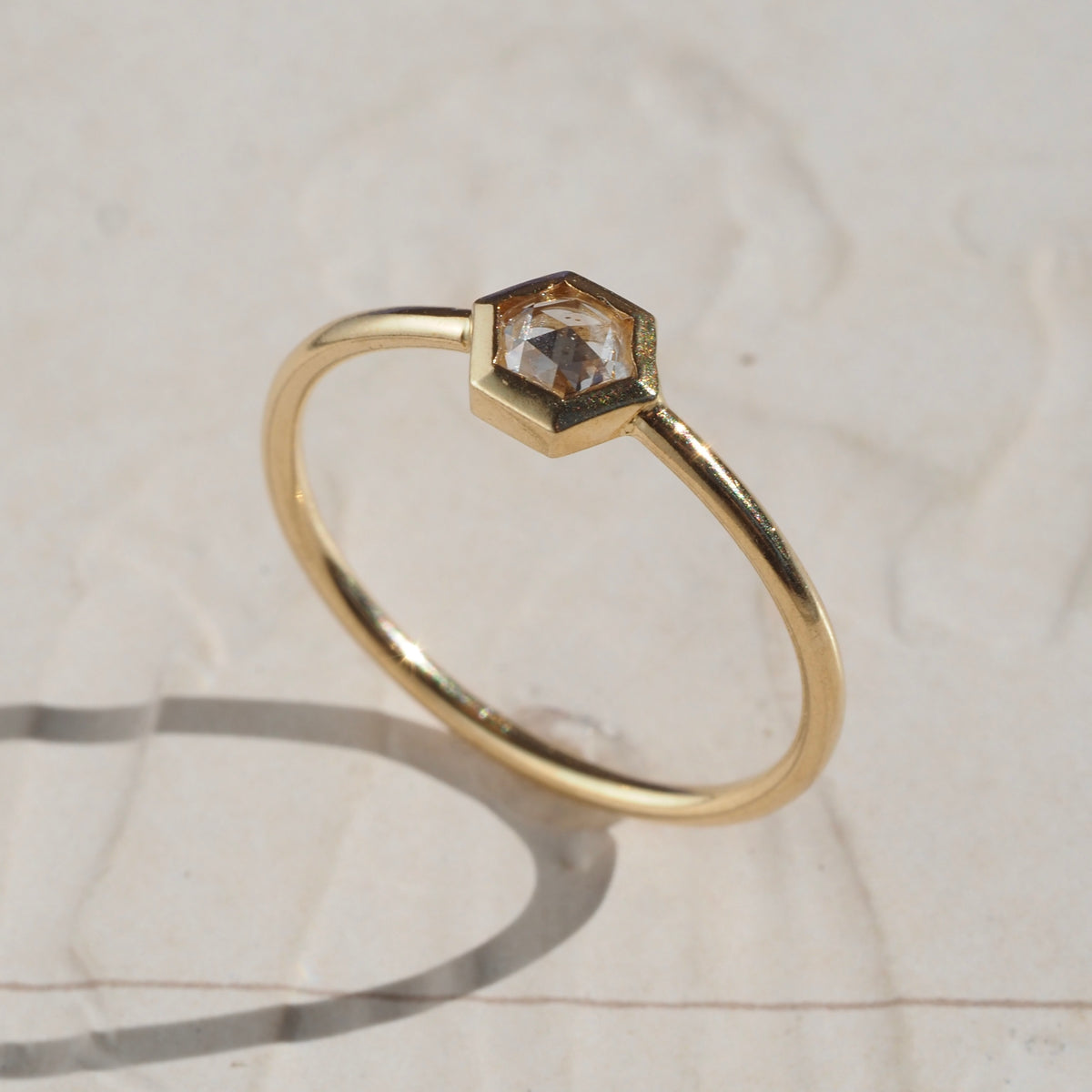 Rose Cut Diamond Hexagon 14k Gold Ring