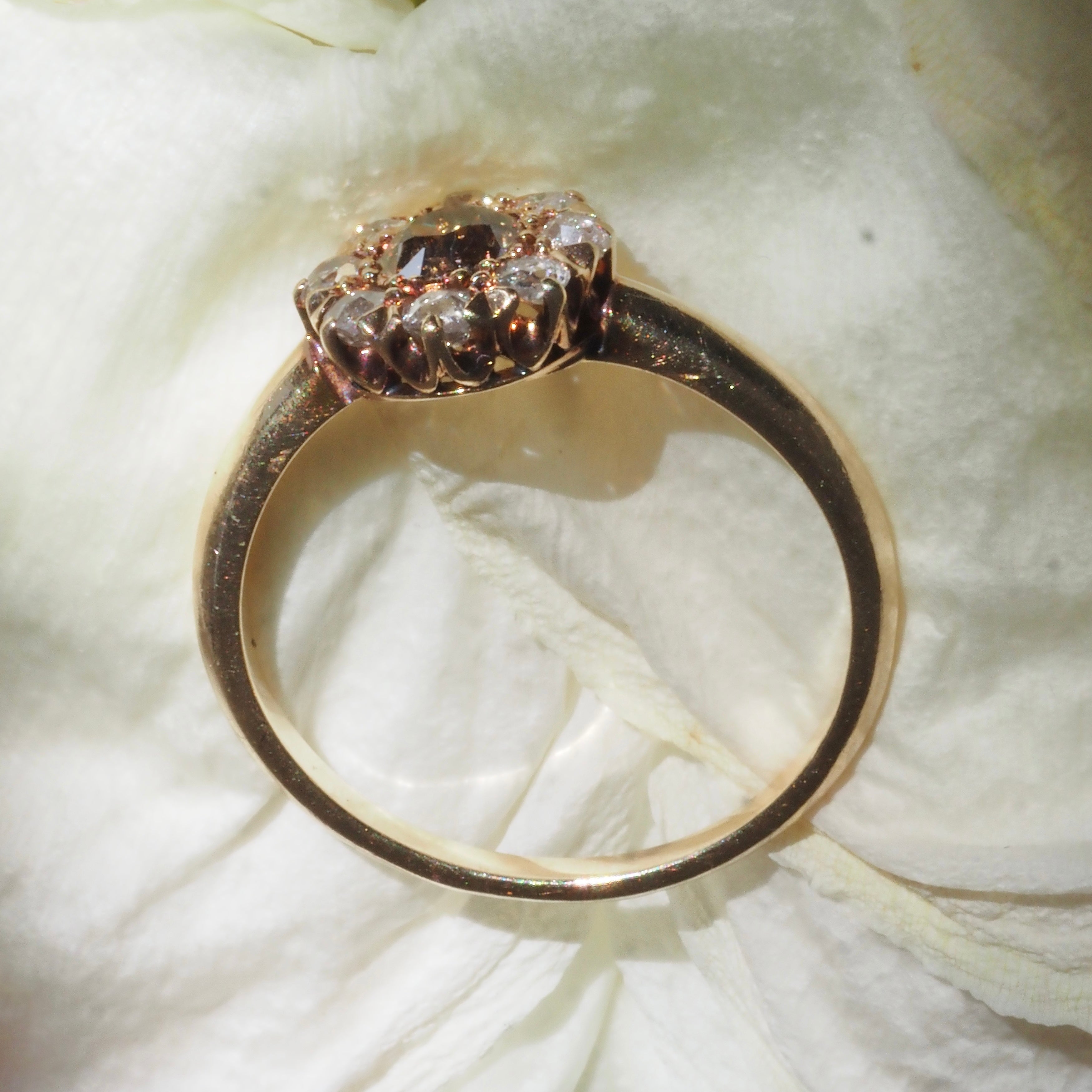Antique Edwardian Brown Old European Cut Diamond Halo Cluster 14k Gold Engagement Ring