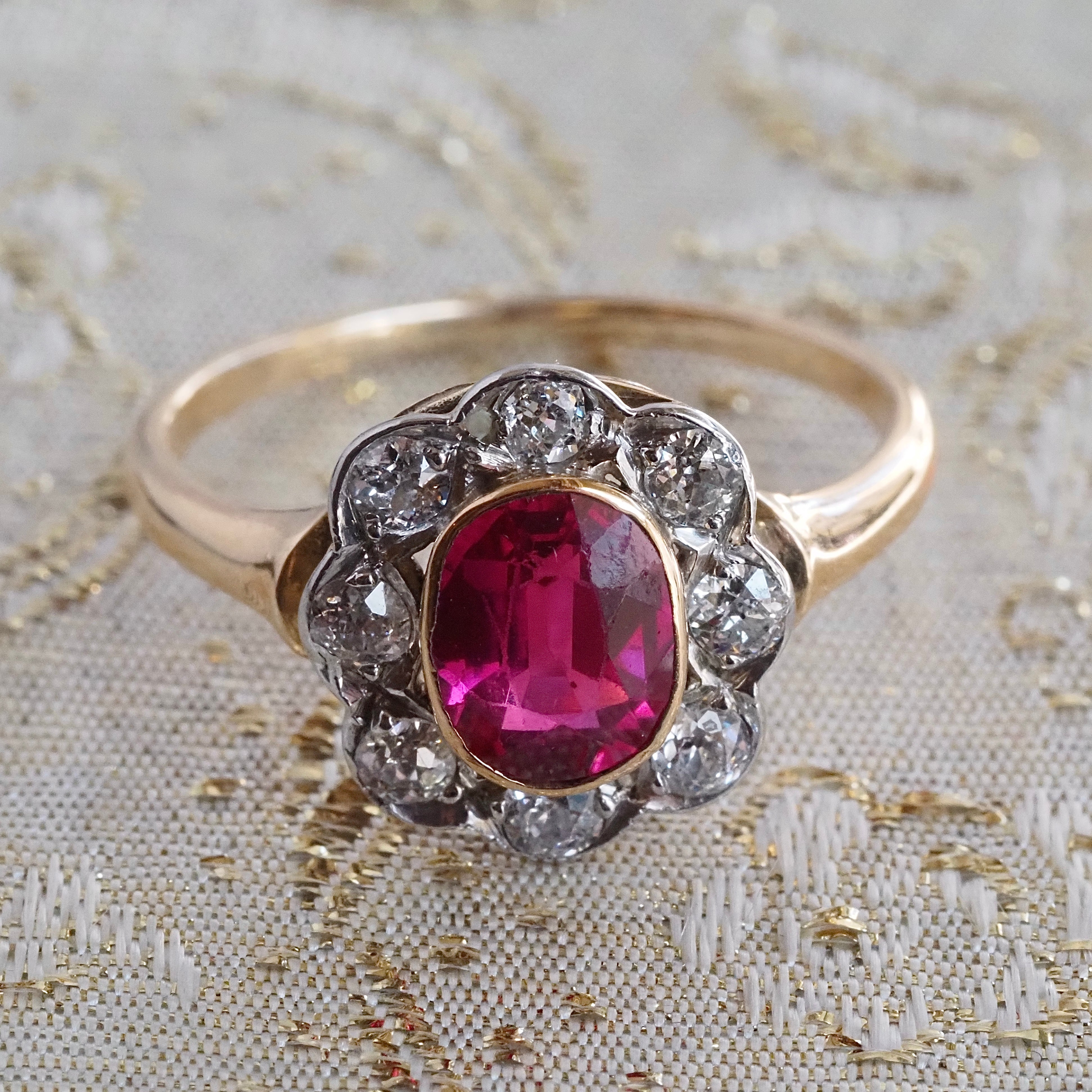 Antique Ruby and Old Mine Cut Diamond Flower 14k Gold Ring