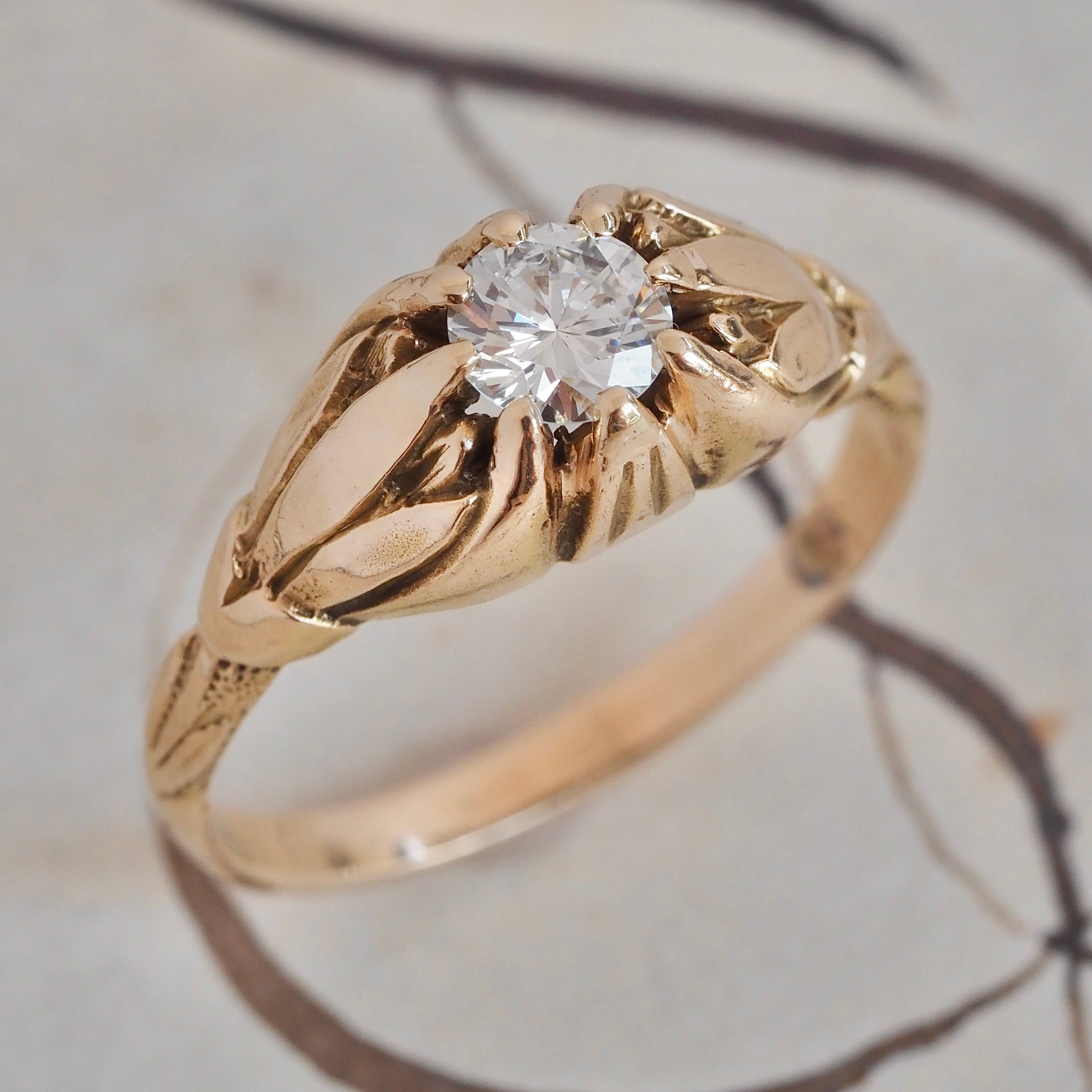 Antique Belcher Set Transitional Cut Diamond Tulip 14k Gold Engagement Ring