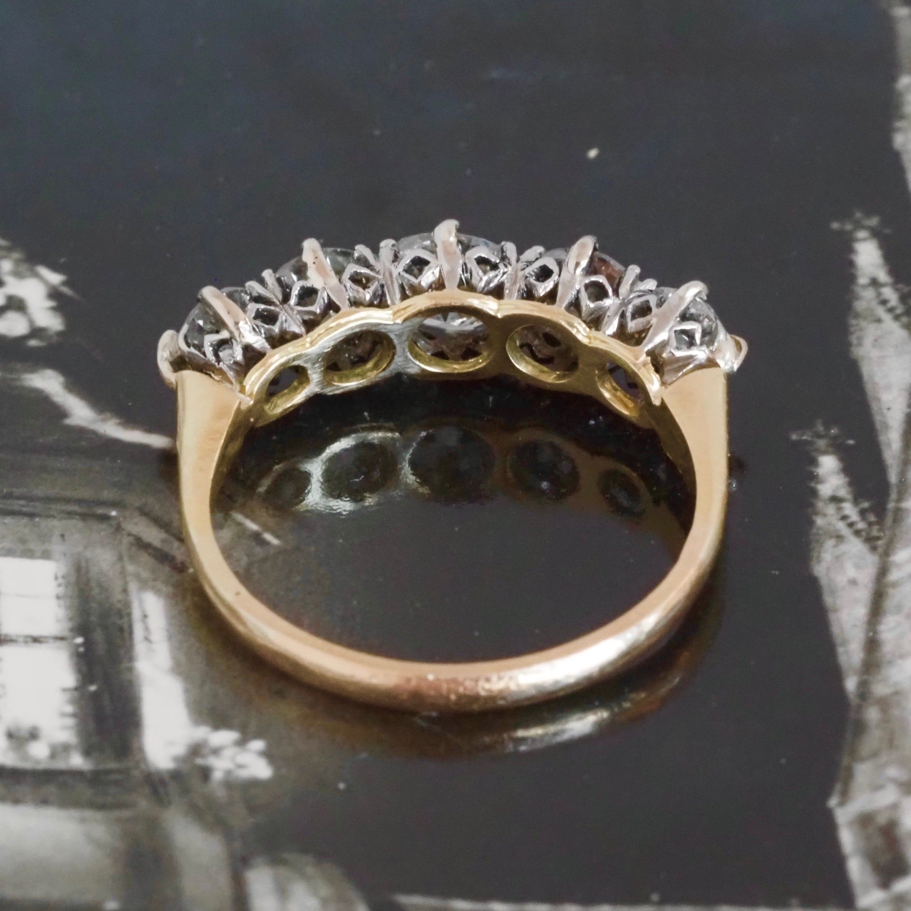 Mid Century Five Stone Old European and Transitional Cut Diamond 14k Gold Ring