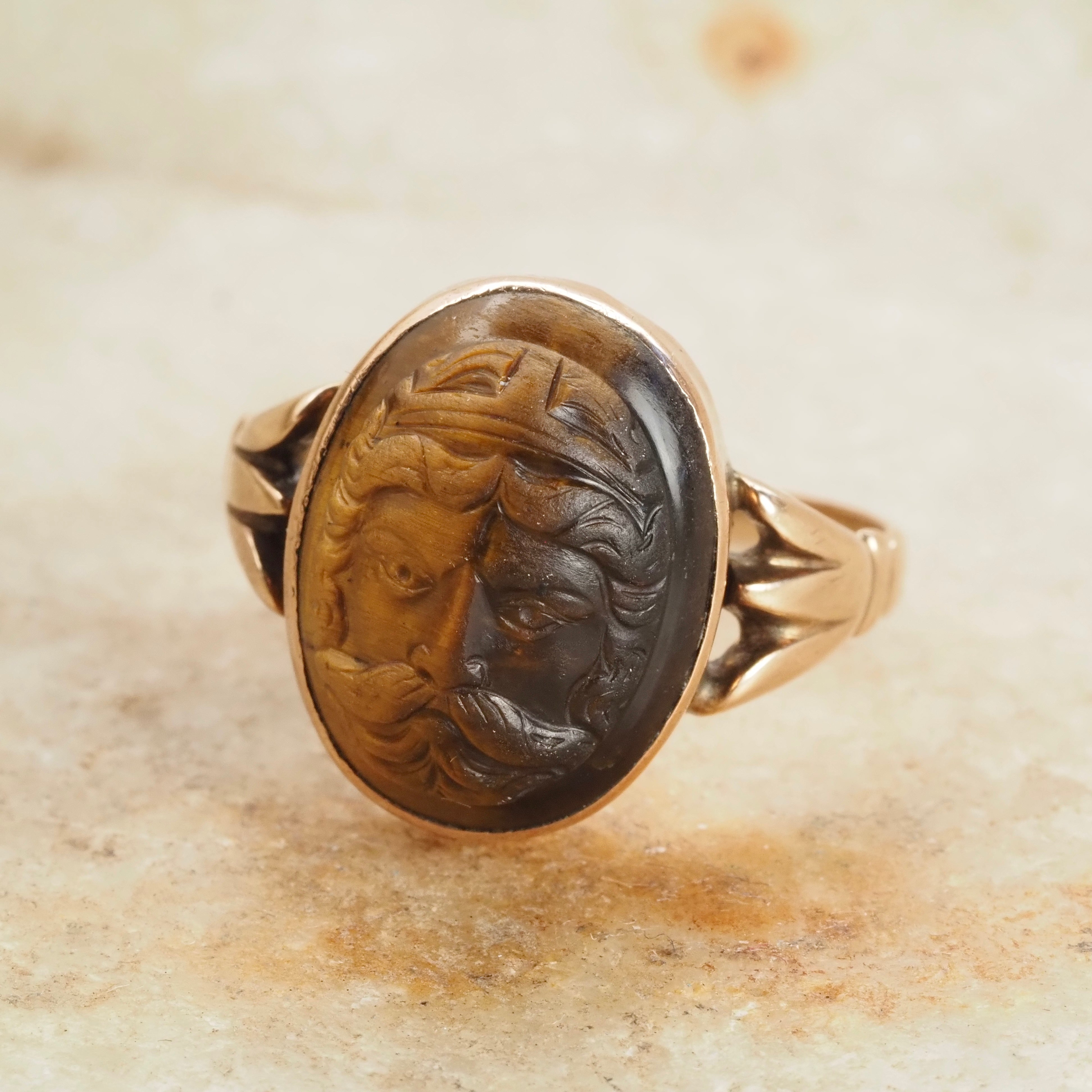 Antique Victorian Carved Zeus Tiger's Eye 10k Gold Ring