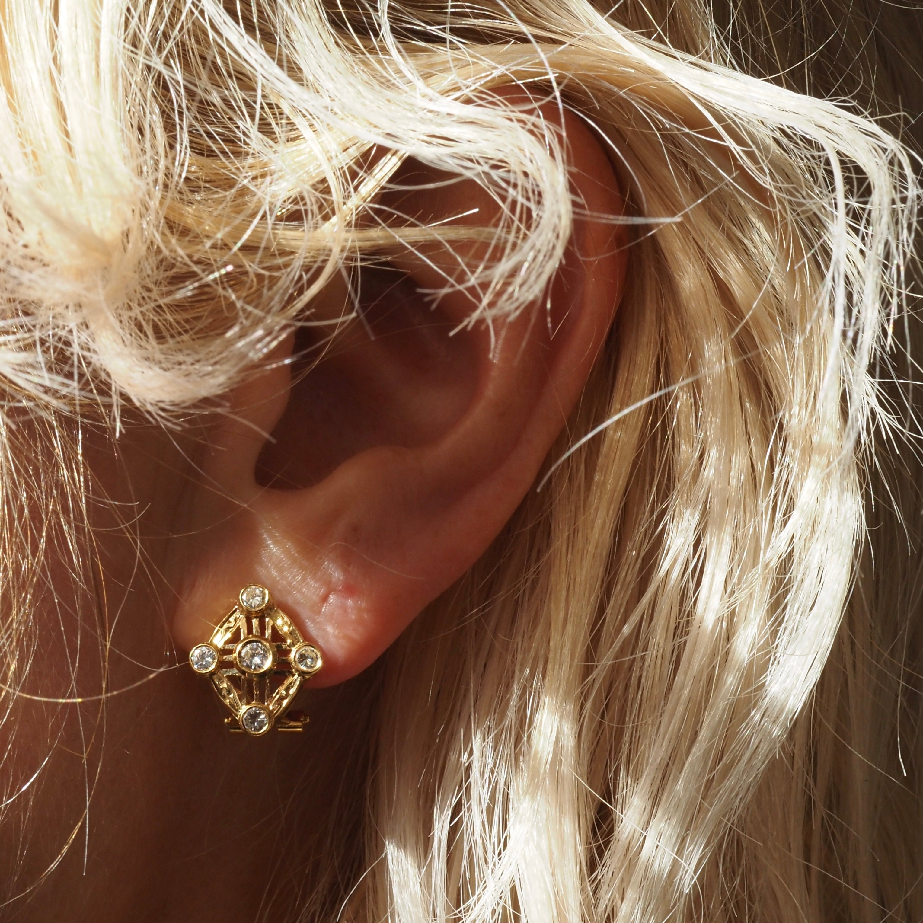 Vintage Spanish Diamond 18k Gold Kite Omega Back Earrings