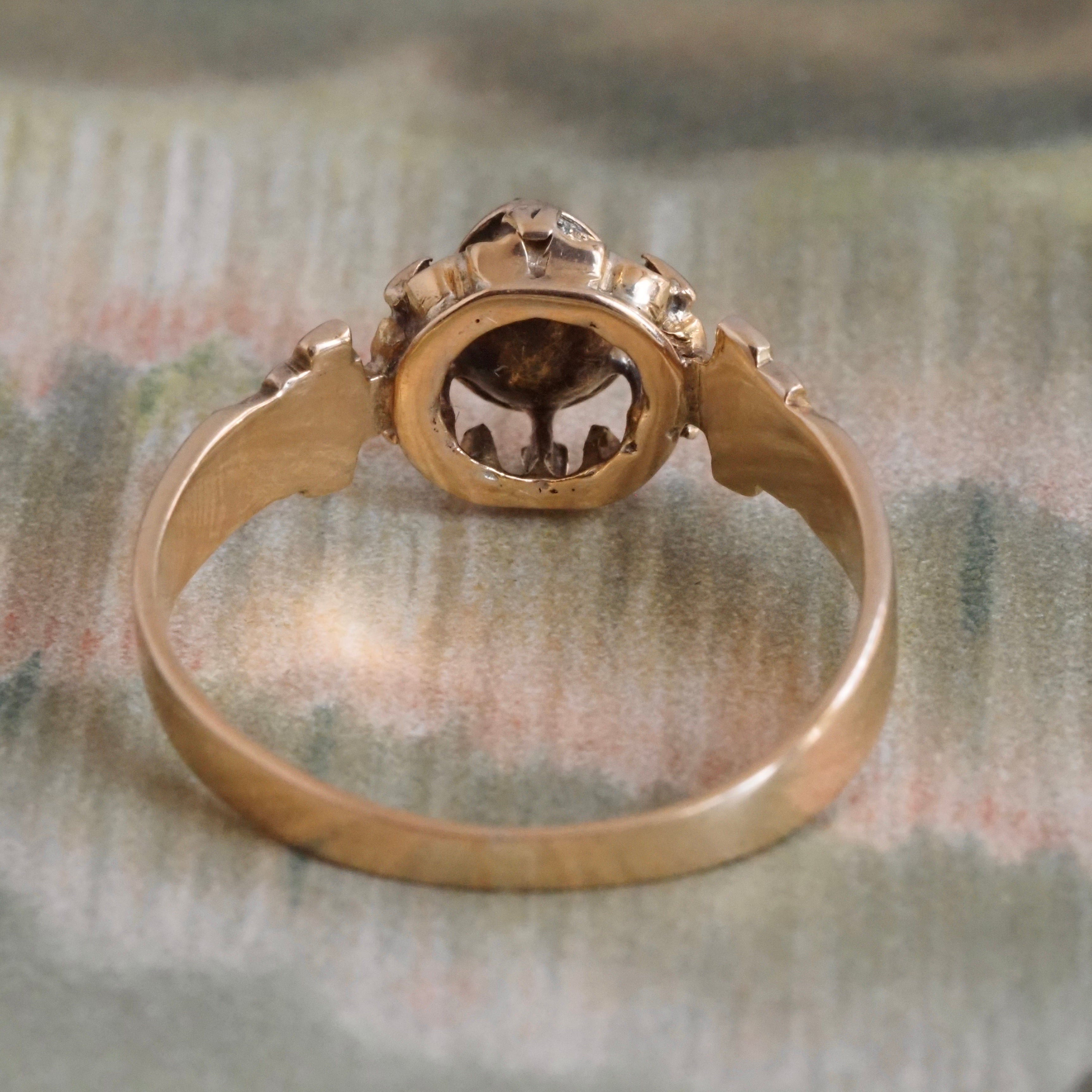 Antique Victorian Foil Backed Pear Rose Cut Diamond Black Enamel 14k Gold Ring