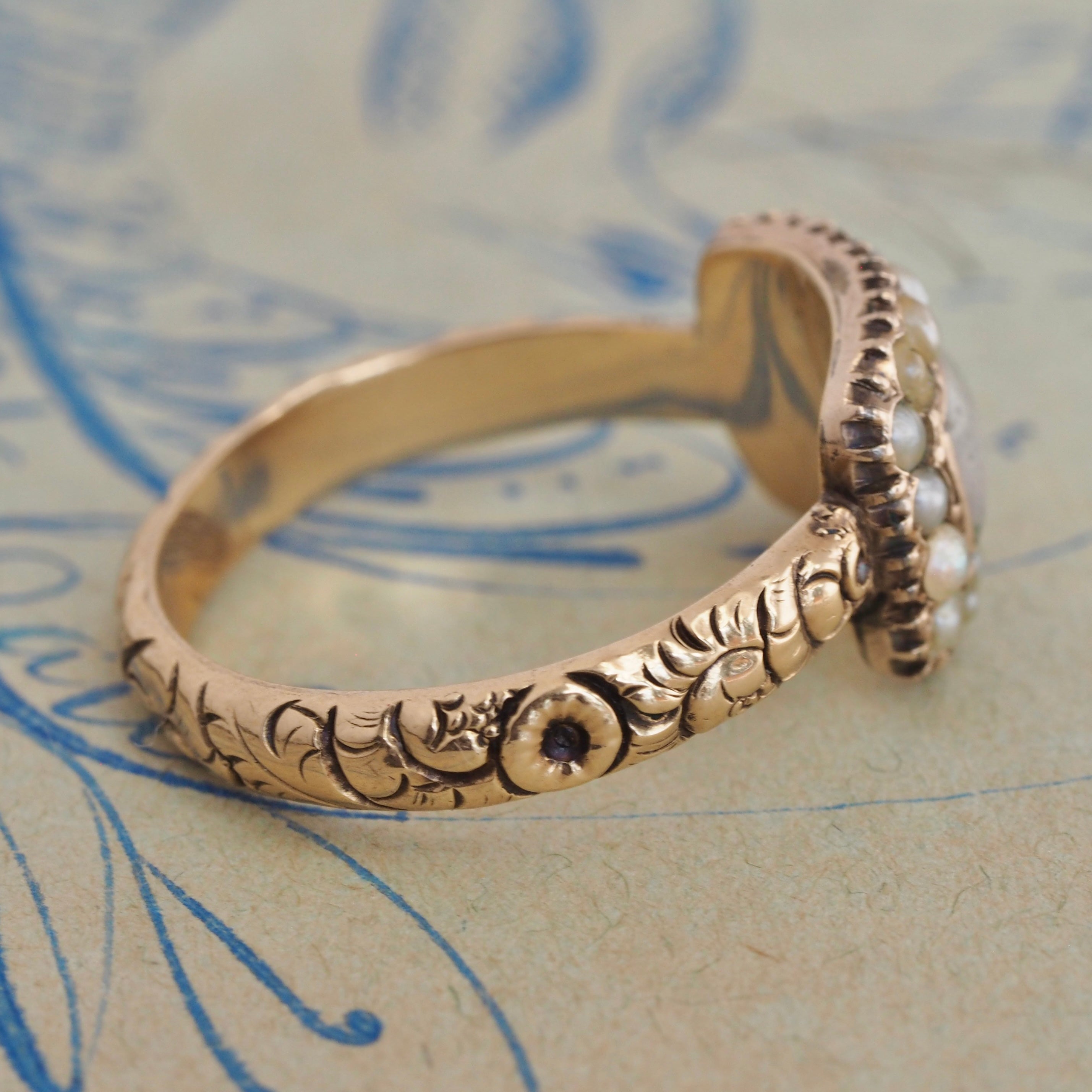Antique Georgian 14k Gold Seed Pearl and Braided Hair Mourning Engraved Ring