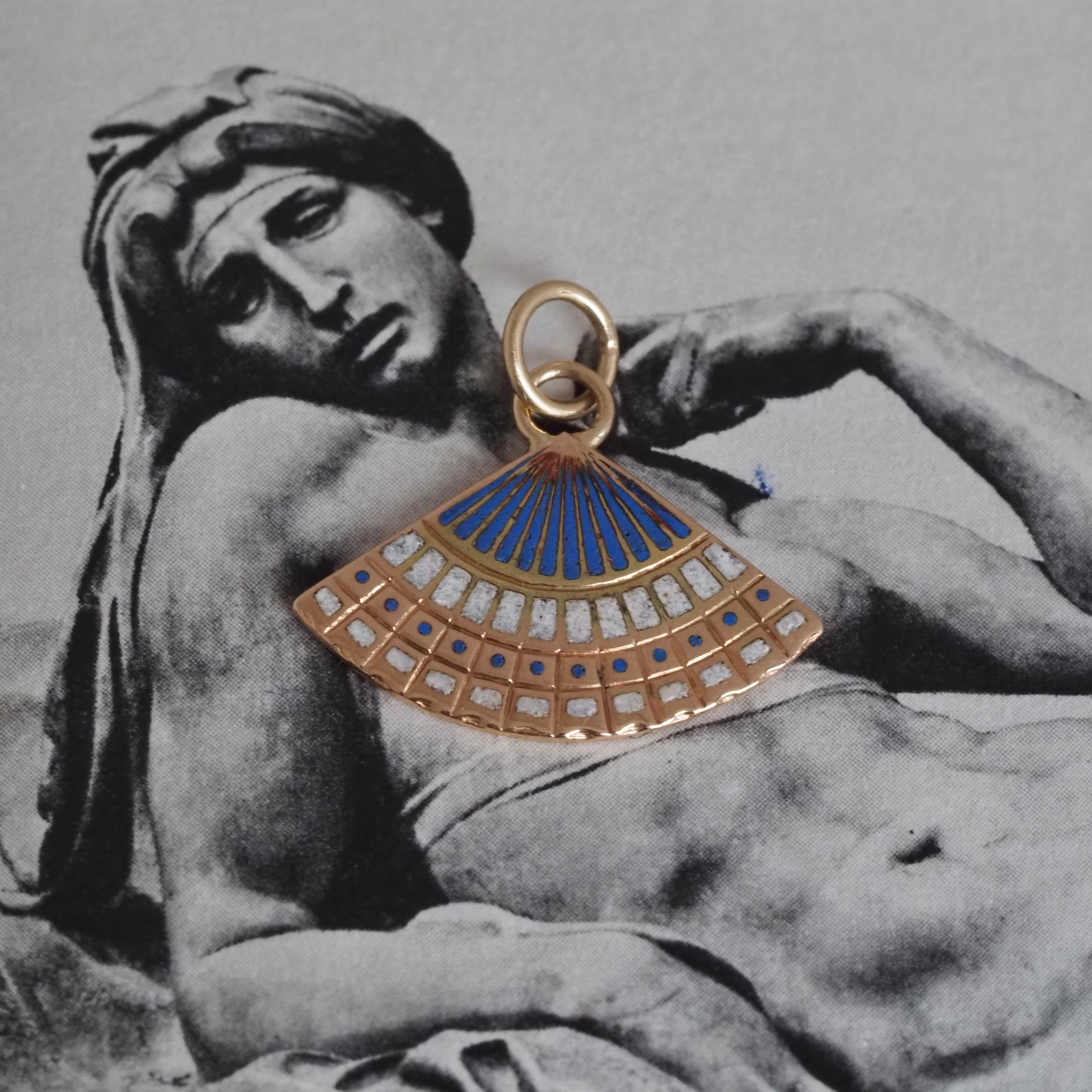 Vintage 14k Gold Blue & White Enamel Fan Charm