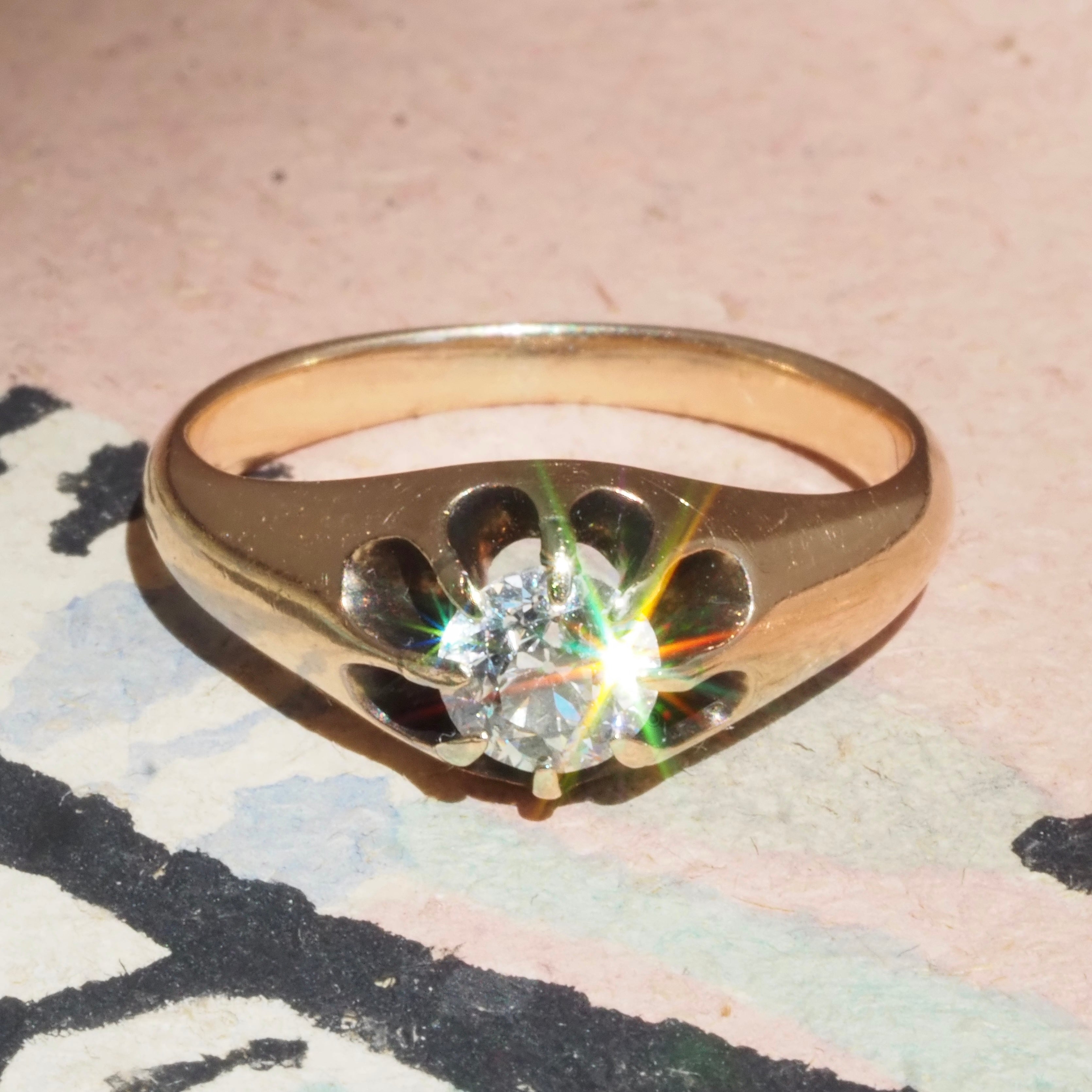 Antique Old European Cut Diamond Belcher Set 14k Gold Engagement Ring