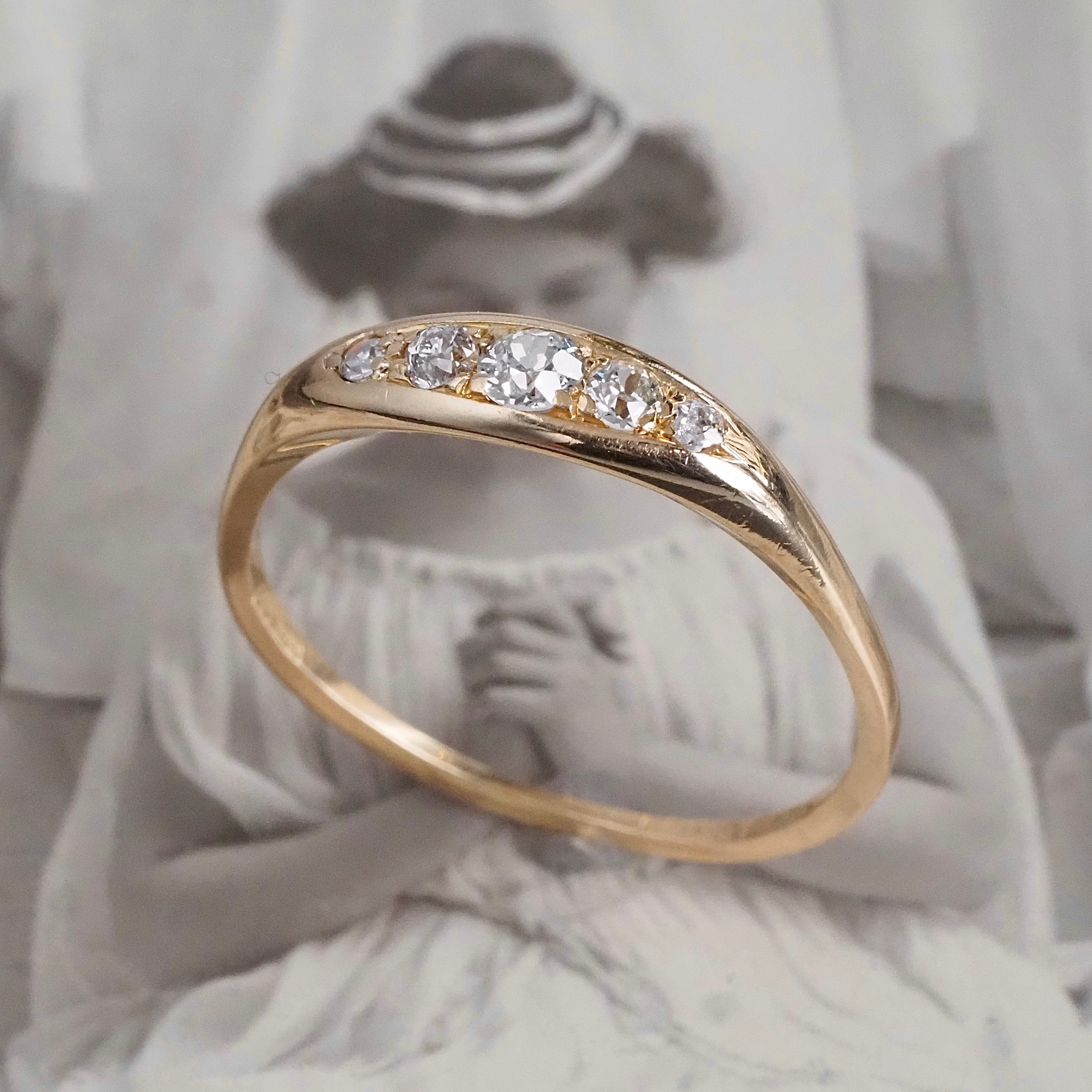 Antique English Old Mine Cut Diamond Five Stone 18k Gold Boat Ring